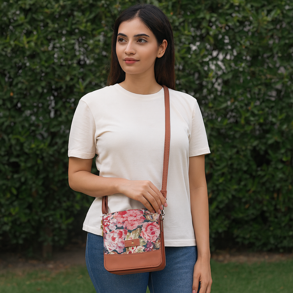 Ladies’ Floral Design Tapestry Crossbody Bag – Sling Purse with Vegan Leather Trim for Office & Everyday Use