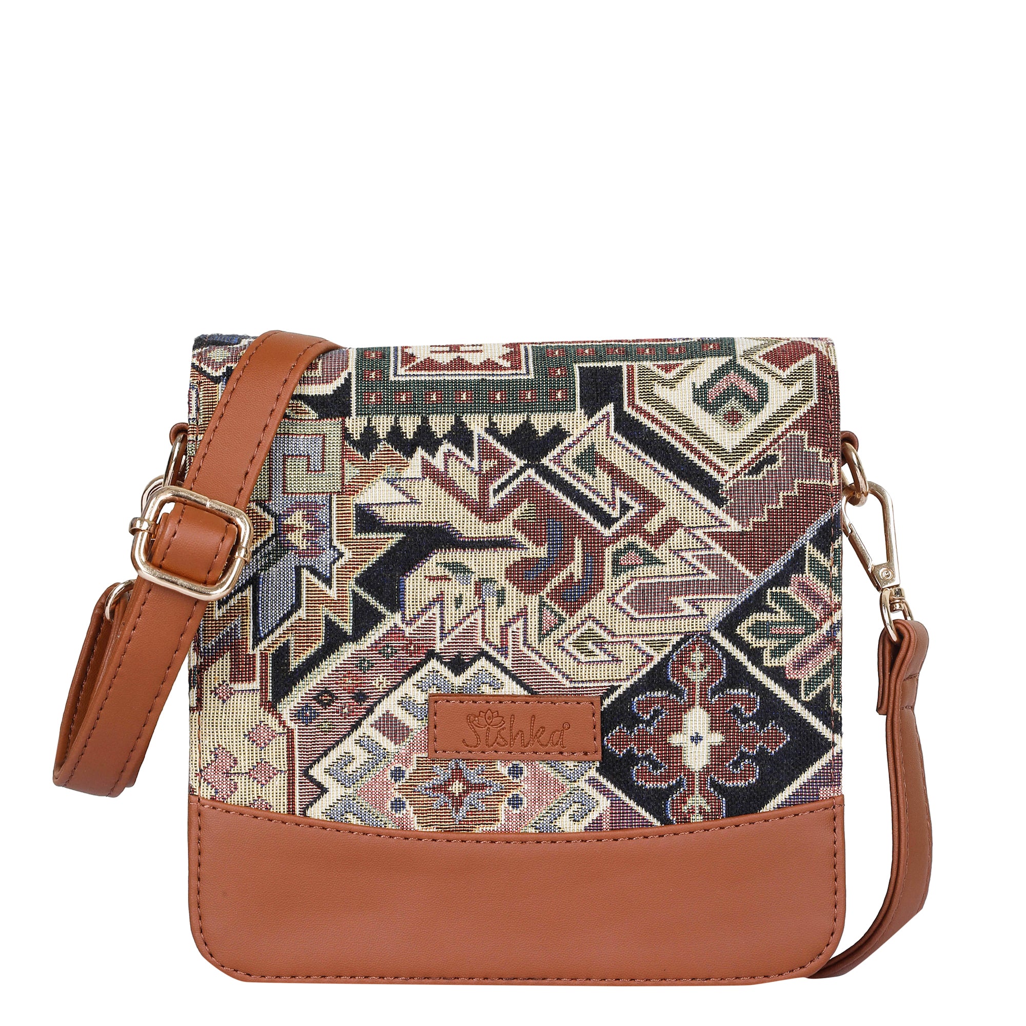 Ladies’ Geometric Pattern Tapestry Crossbody Bag – Satchel Shoulder Sling Purse with Vegan Leather Strap for Everyday Carry