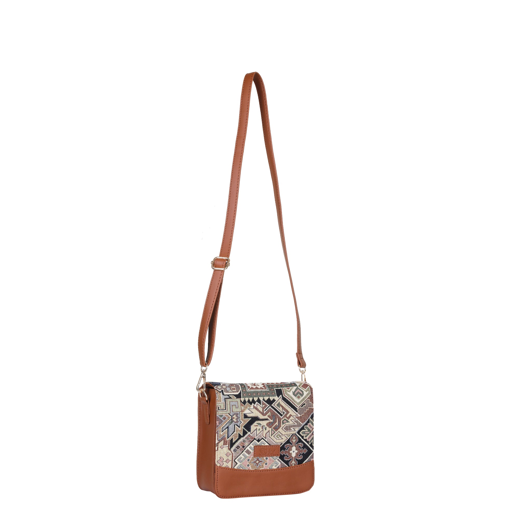 Ladies’ Geometric Pattern Tapestry Crossbody Bag – Satchel Shoulder Sling Purse with Vegan Leather Strap for Everyday Carry