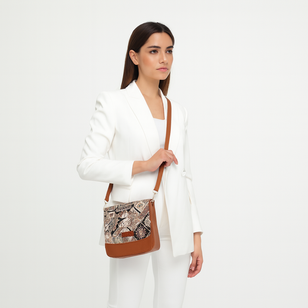 Ladies’ Geometric Pattern Tapestry Crossbody Bag – Satchel Shoulder Sling Purse with Vegan Leather Strap for Everyday Carry