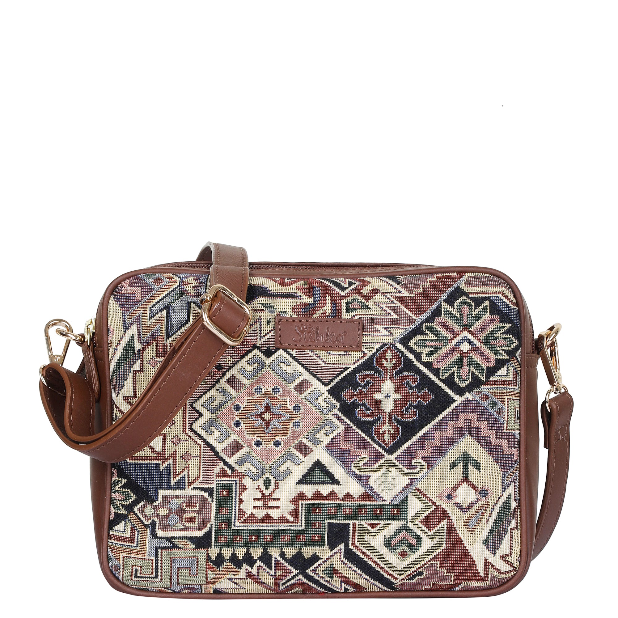 Women’s Geometric Tapestry Shoulder & Crossbody Messenger Bag with Leather Trim