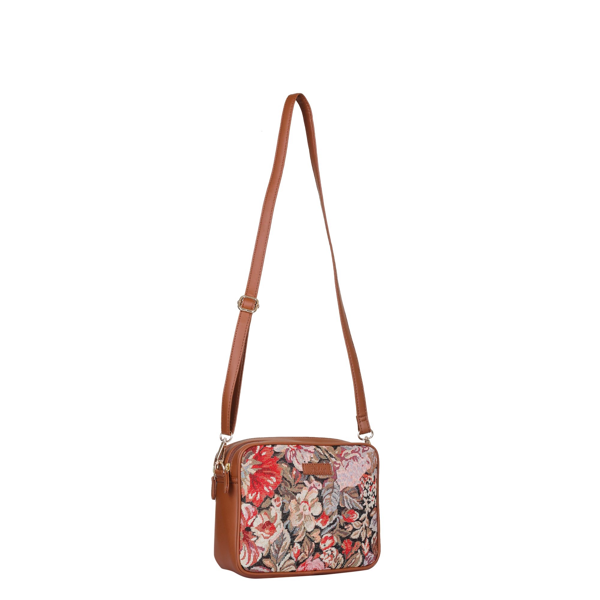 Ladies’ Floral Tapestry Shoulder Sling Bag – Vegan Leather-Trim Messenger Purse with Adjustable Strap for Work
