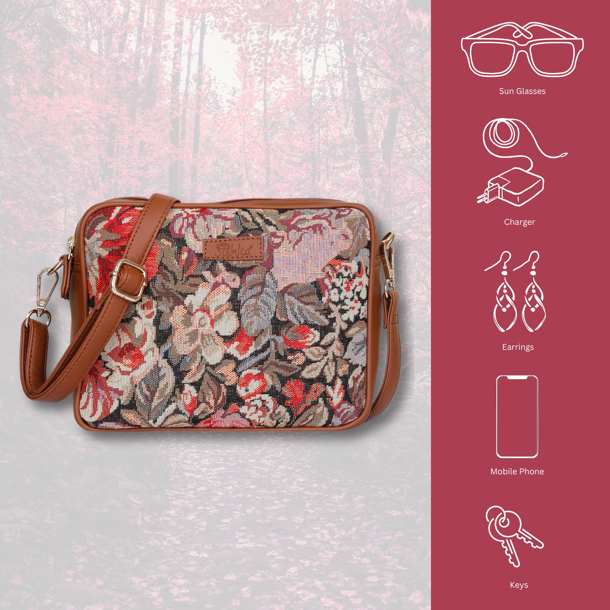Ladies’ Floral Tapestry Shoulder Sling Bag – Vegan Leather-Trim Messenger Purse with Adjustable Strap for Work