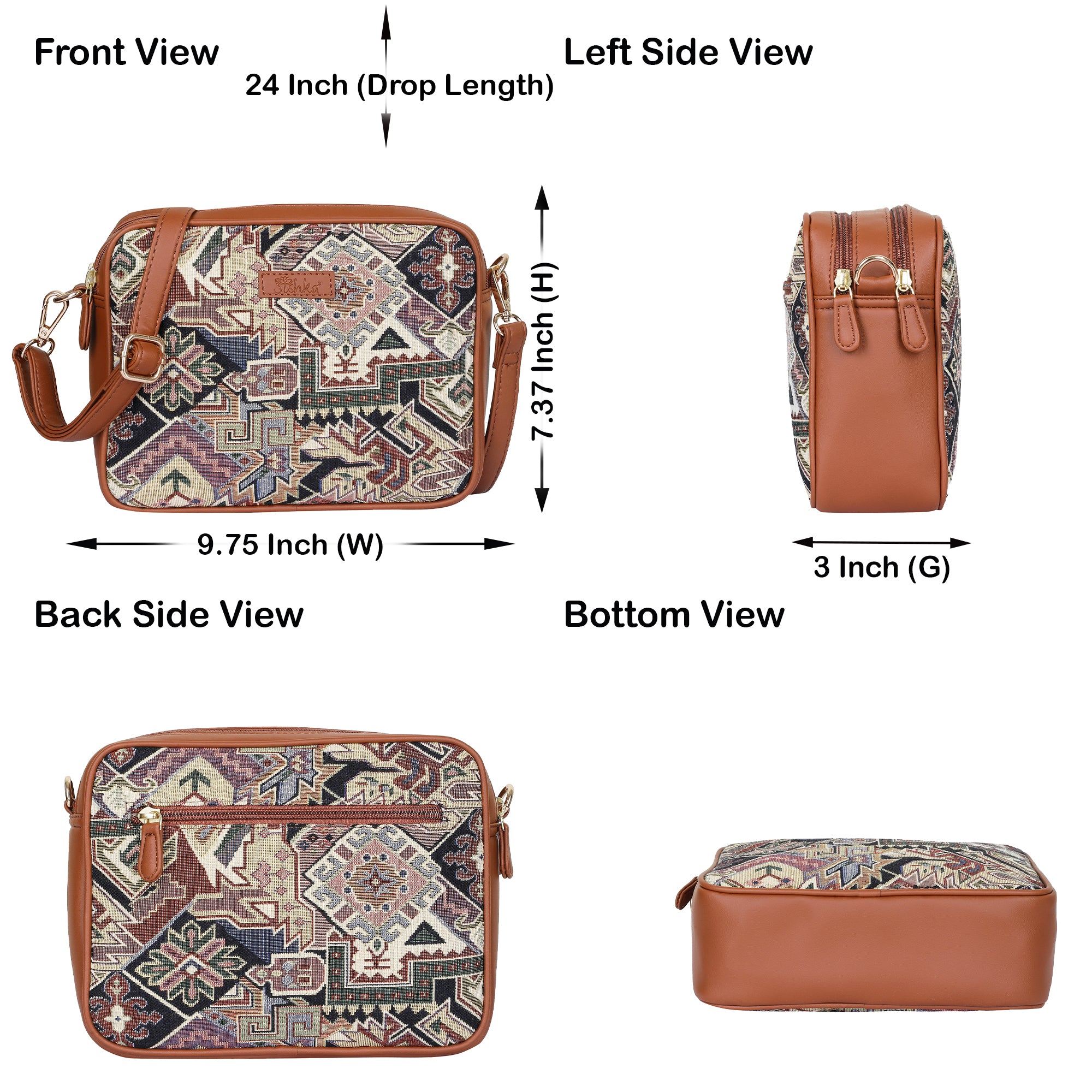 Ladies’ Geometric Tapestry Sling Bag – Vegan Leather Crossbody Satchel with Adjustable Strap for Office, Errands & Outings