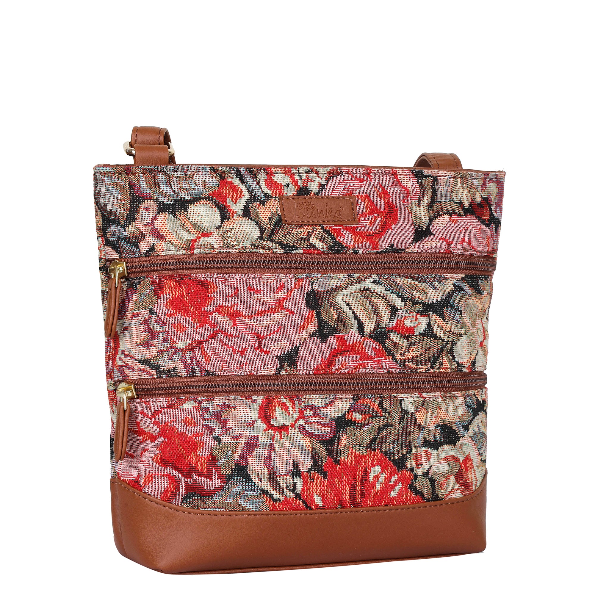 Ladies’ Floral Pattern Tapestry Sling Bag – Crossbody Shoulder Purse with Vegan Leather Trim & Adjustable Strap for Travel