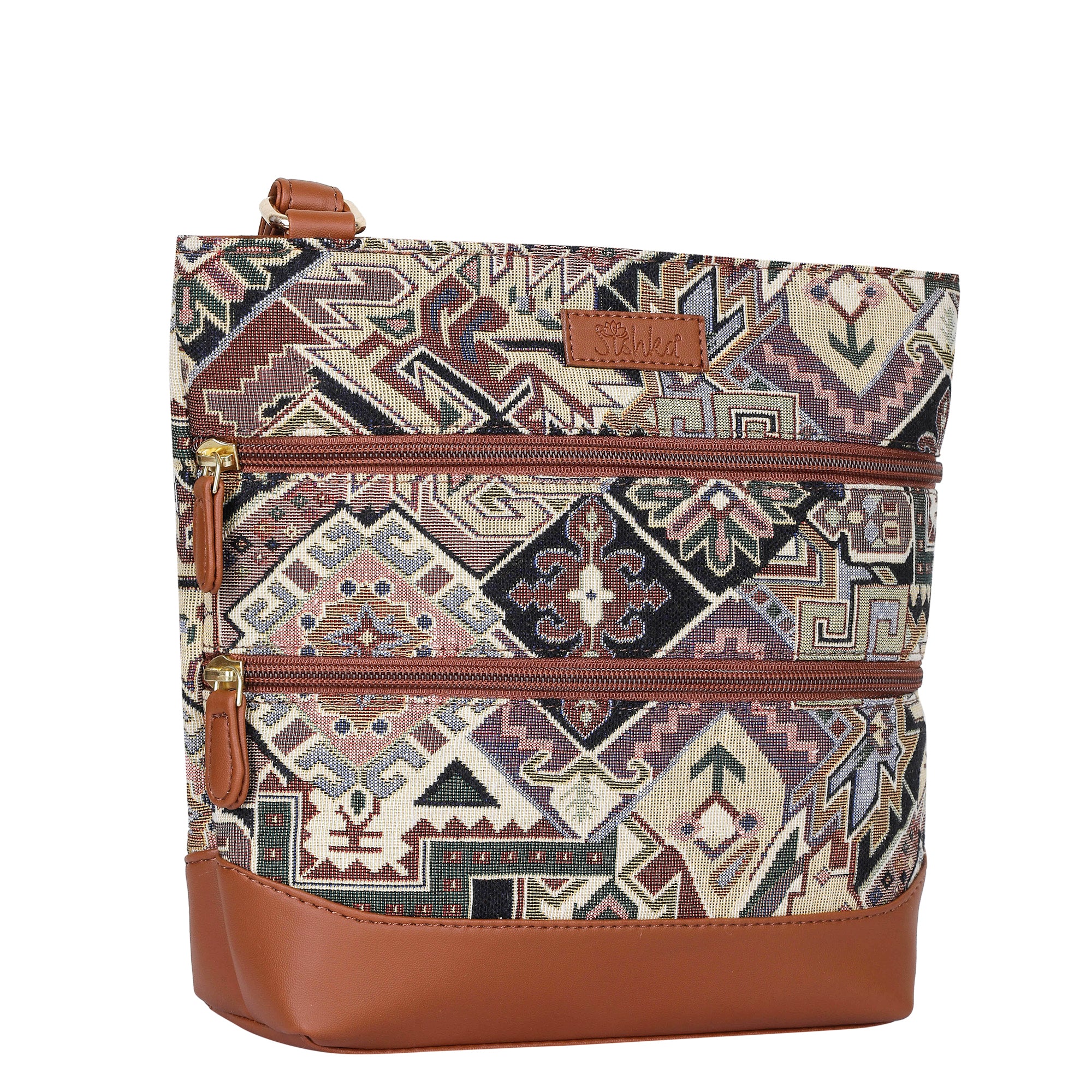 Ladies’ Geometric Tapestry Sling Bag – Crossbody & Shoulder Purse with Vegan Leather Trim & Adjustable Strap for Casual Outings