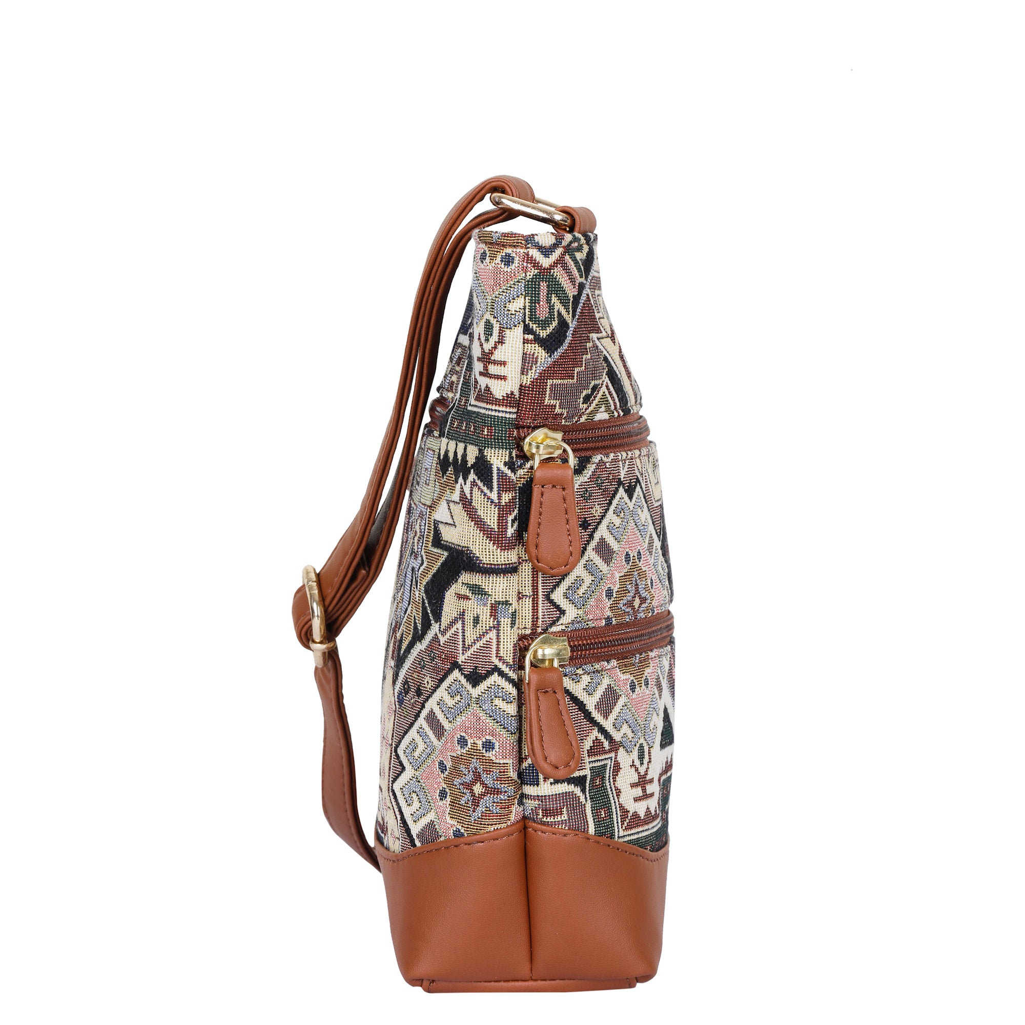 Ladies’ Geometric Tapestry Sling Bag – Crossbody & Shoulder Purse with Vegan Leather Trim & Adjustable Strap for Casual Outings