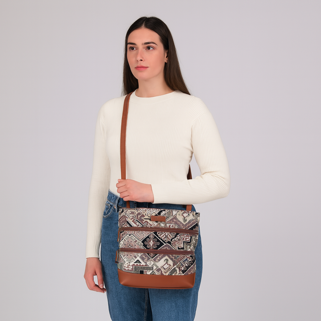 Ladies’ Geometric Tapestry Sling Bag – Crossbody & Shoulder Purse with Vegan Leather Trim & Adjustable Strap for Casual Outings
