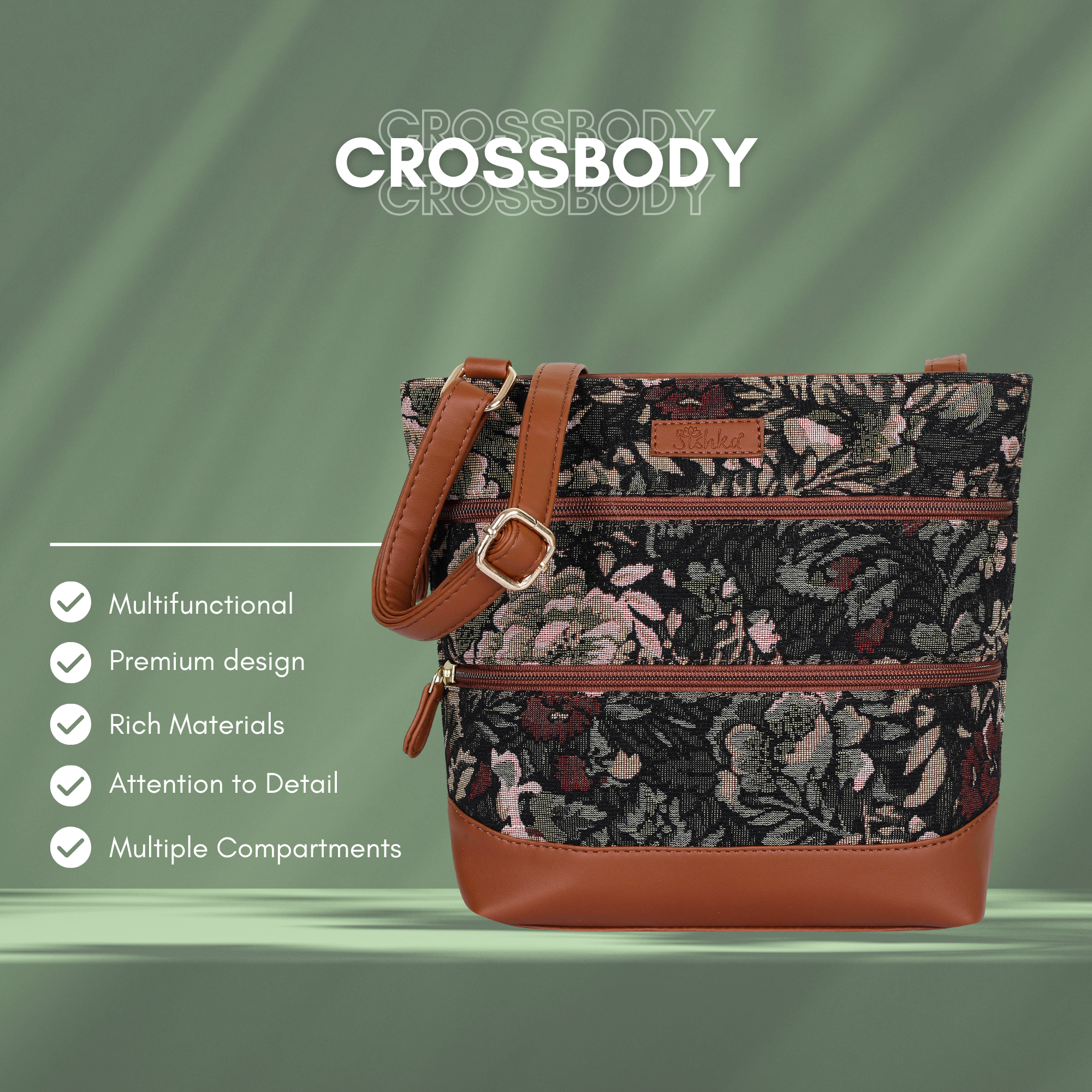 Women’s Vintage Tapestry Crossbody Sling Bag – Shoulder & Messenger Purse with Vegan Leather Trim & Adjustable Strap for Daily Use