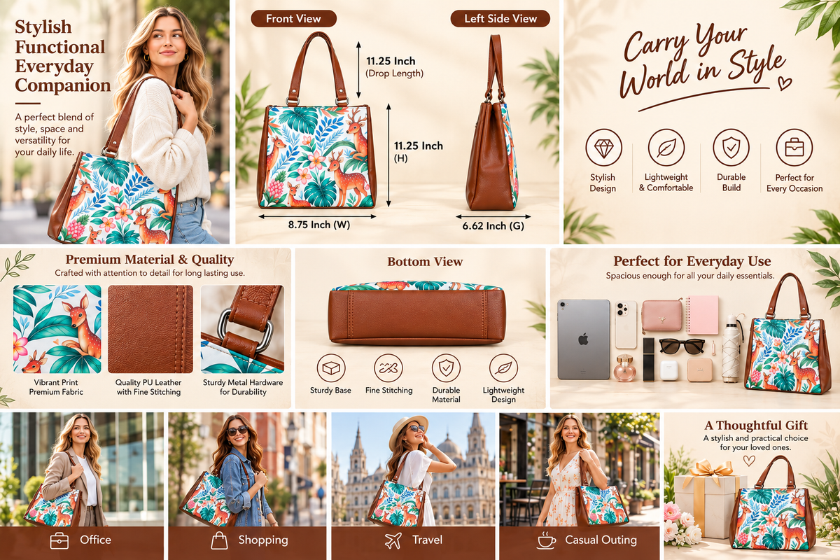 Women’s Printed Vegan Leather Tote Shoulder Bag – Multi-Compartment Handbag for Daily Use, Work & Travel