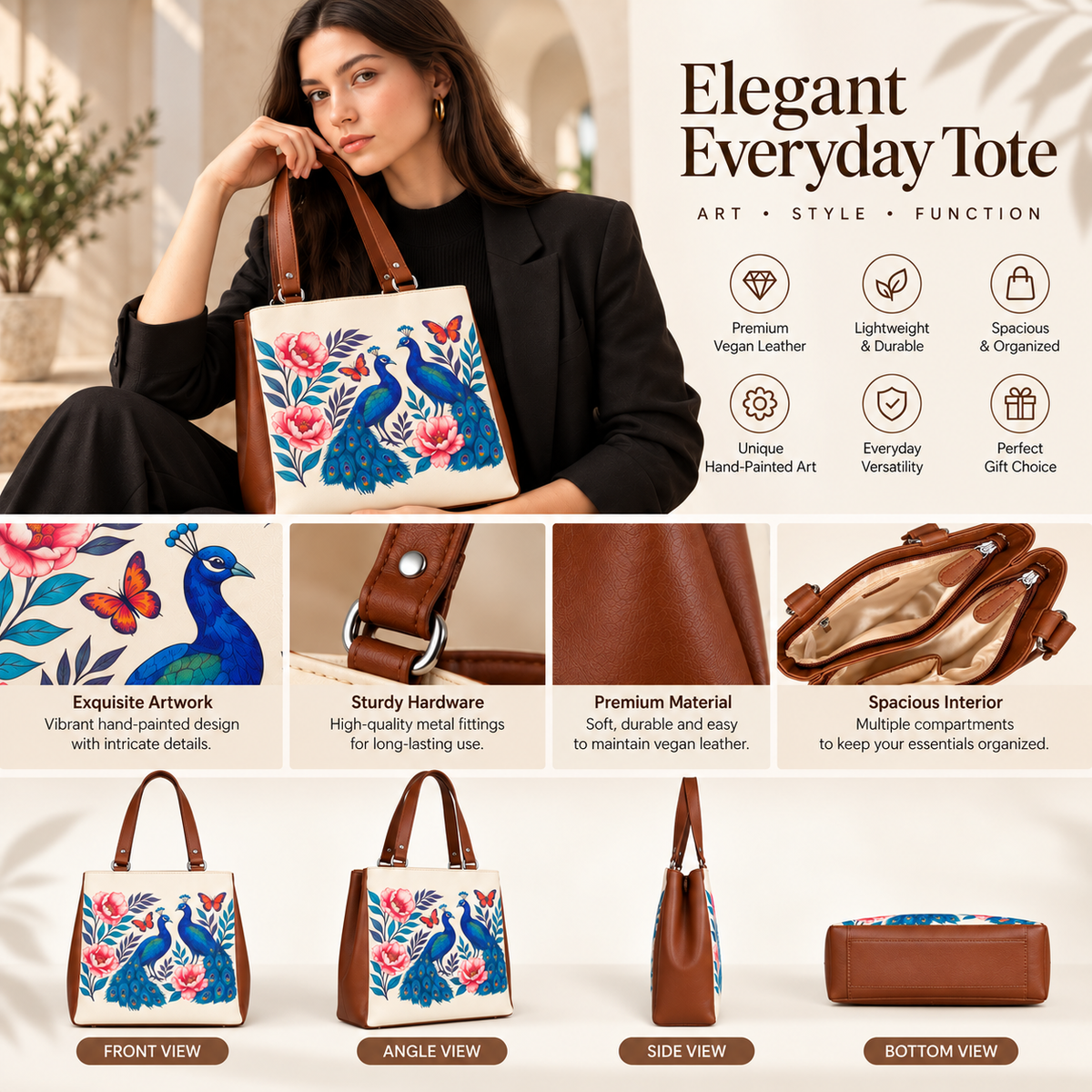 Women’s Printed Vegan Leather Tote Shoulder Bag – Multi-Compartment Handbag for Daily Use, Work & Travel