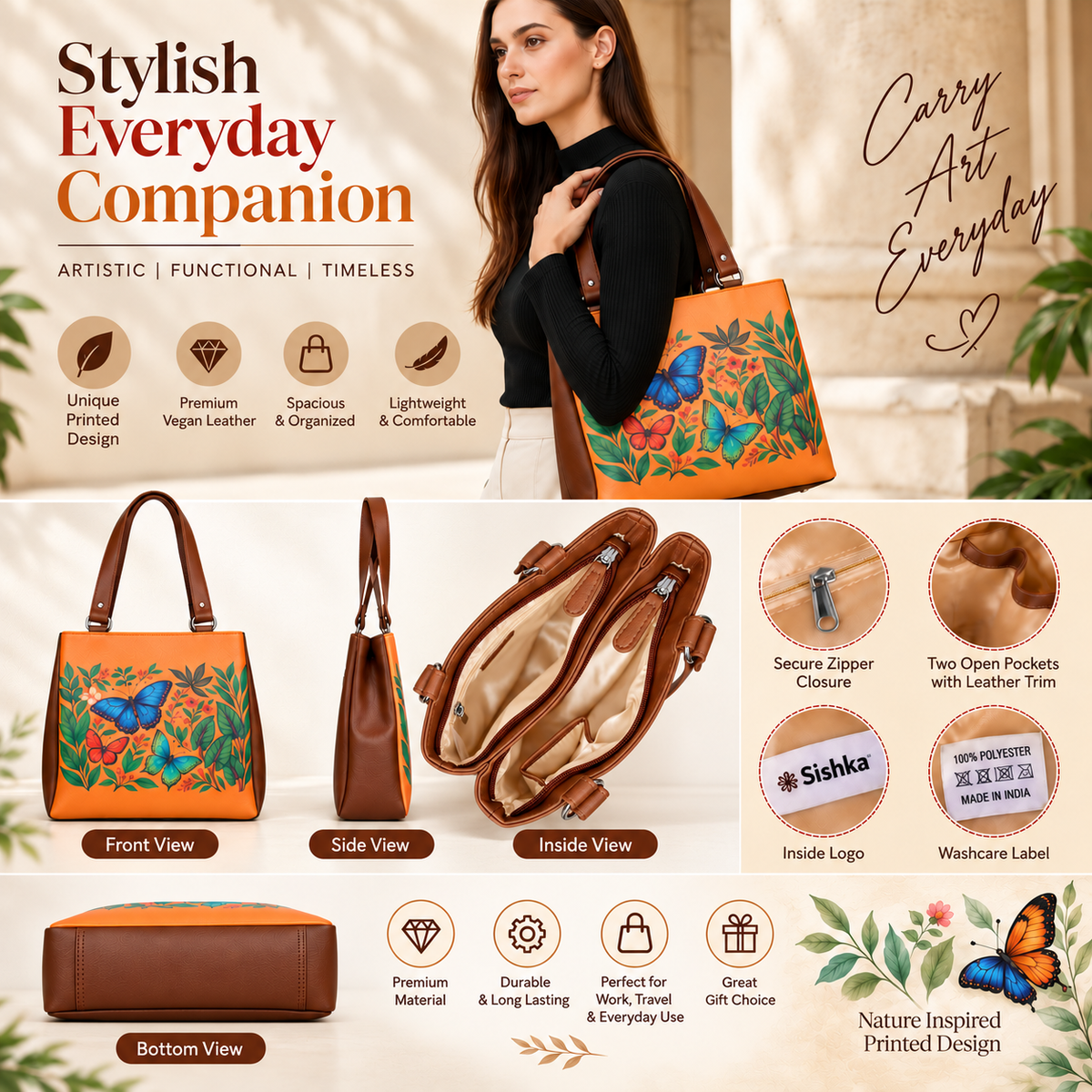 Women’s Printed Vegan Leather Tote Shoulder Bag – Multi-Compartment Handbag for Daily Use, Work & Travel