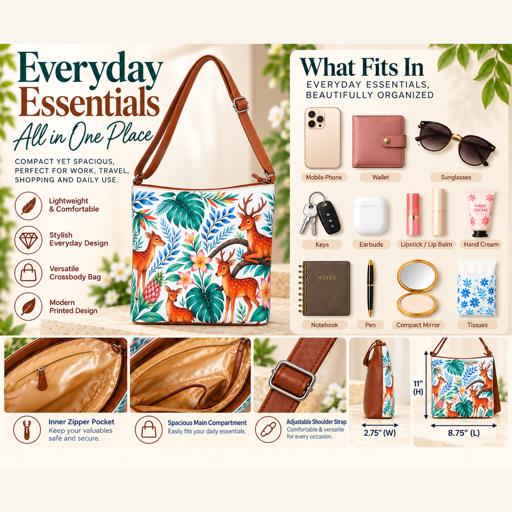 Printed Vegan Leather Crossbody Bag – Adjustable Sling & Over the Shoulder Bag for Women – Stylish Handbag & Travel Purse