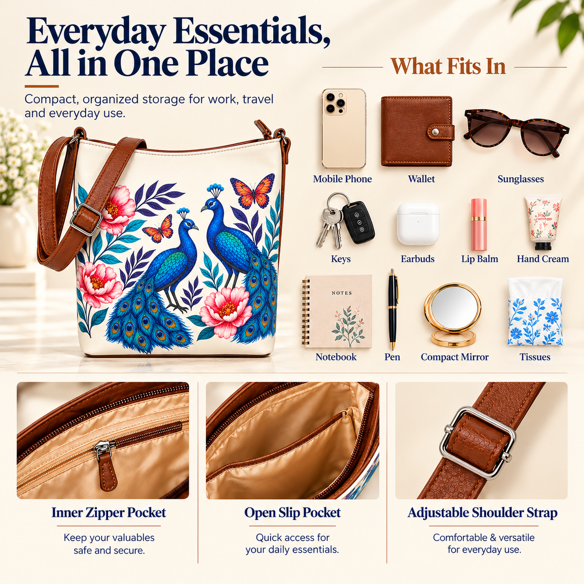 Printed Vegan Leather Crossbody Bag – Adjustable Sling & Over the Shoulder Bag for Women – Stylish Handbag & Travel Purse