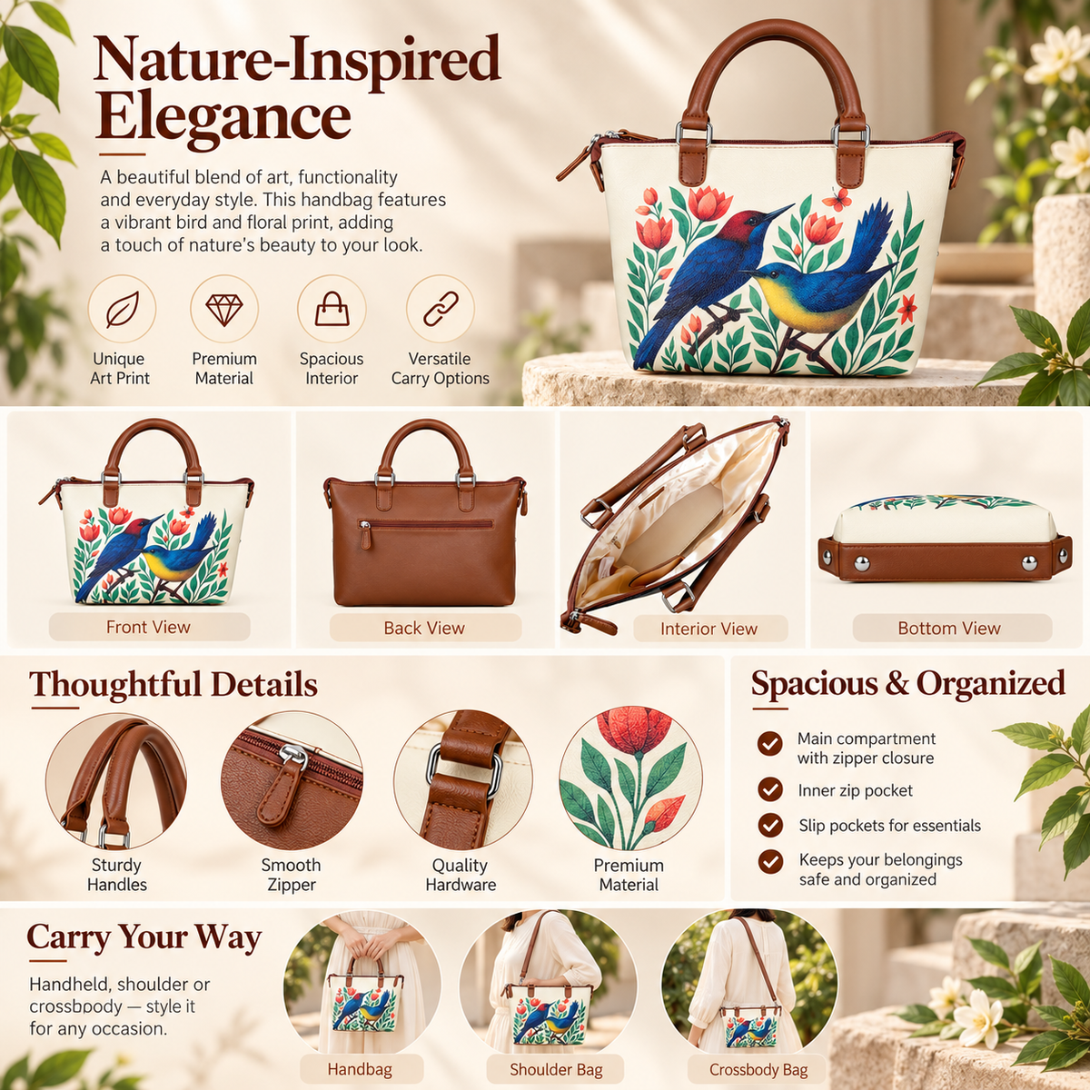 Women’s Vegan Leather 3-in-1 Printed Convertible Shoulder Bag – Stylish Top Handle Crossbody  & Handbag  Purse – Everyday Use