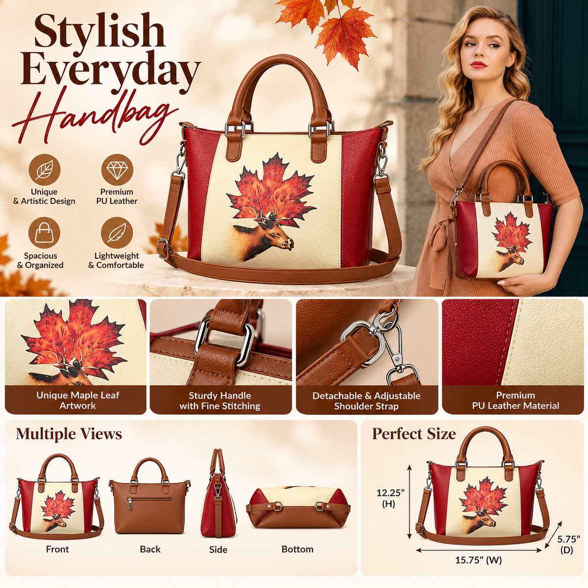 Women’s Vegan Leather 3-in-1 Printed Convertible Shoulder Bag – Stylish Top Handle Crossbody  & Handbag  Purse – Everyday Use