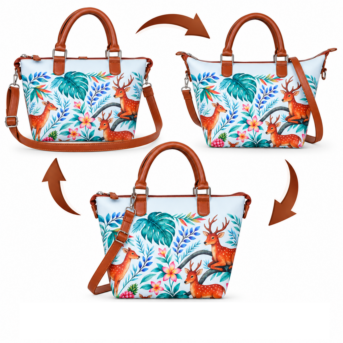 Women’s Vegan Leather 3-in-1 Printed Convertible Shoulder Bag – Stylish Top Handle Crossbody  & Handbag  Purse – Everyday Use