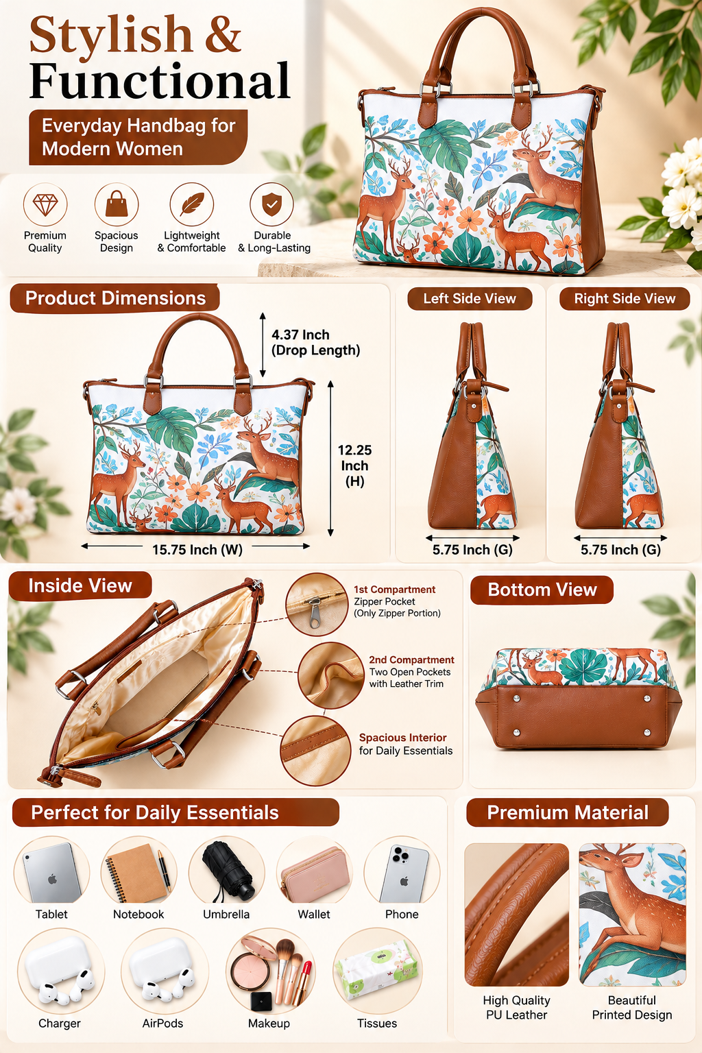 Women’s Vegan Leather 3-in-1 Printed Convertible Shoulder Bag – Stylish Top Handle Crossbody  & Handbag  Purse – Everyday Use