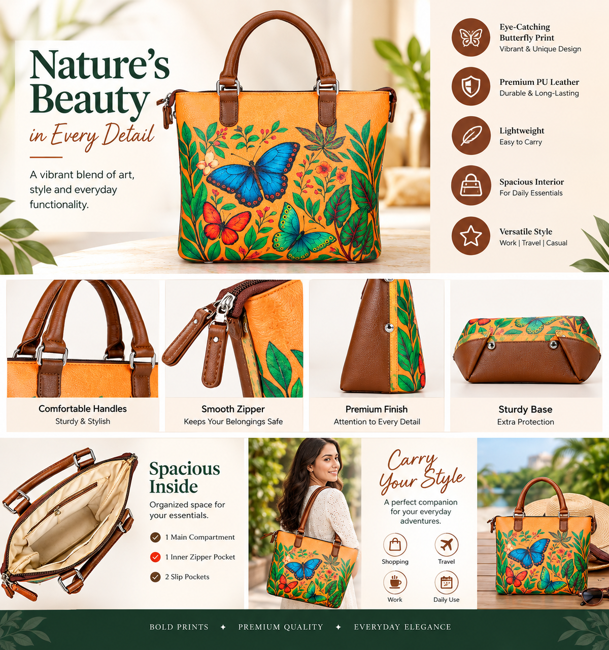 Women’s Vegan Leather 3-in-1 Printed Convertible Shoulder Bag – Stylish Top Handle Crossbody  & Handbag  Purse – Everyday Use