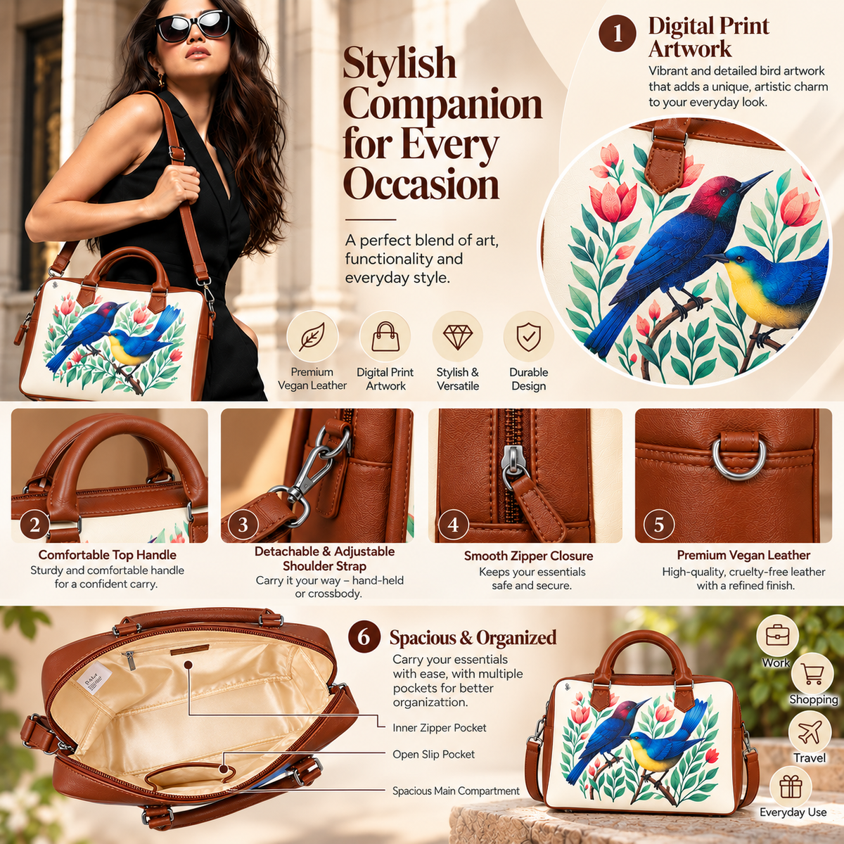 Leather Crossbody Bag for Women with Top Handle – Versatile Printed Vegan Shoulder, Tote & Business Handbag – Work, Travel & Daily Use