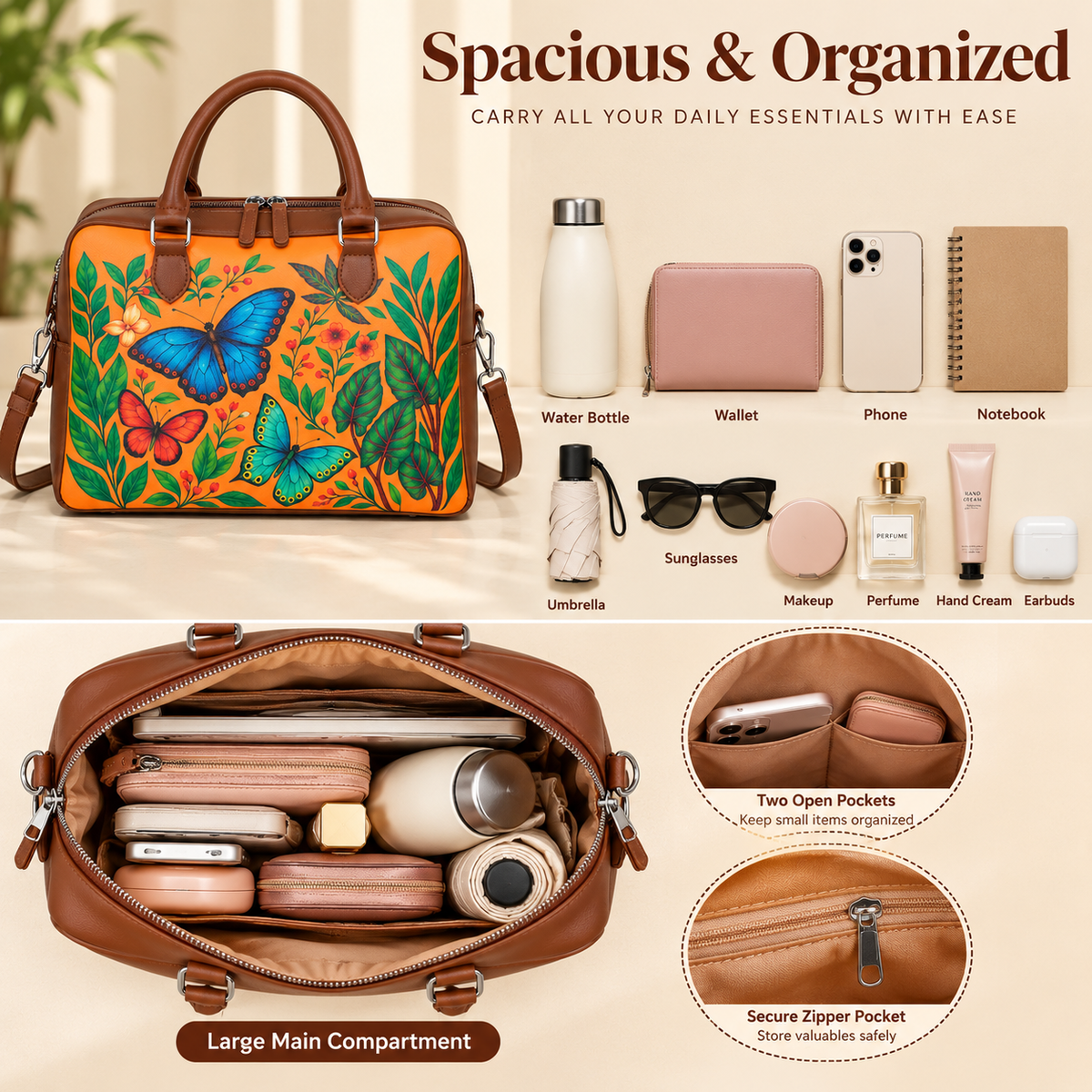 Leather Crossbody Bag for Women with Top Handle – Versatile Printed Vegan Shoulder, Tote & Business Handbag – Work, Travel & Daily Use