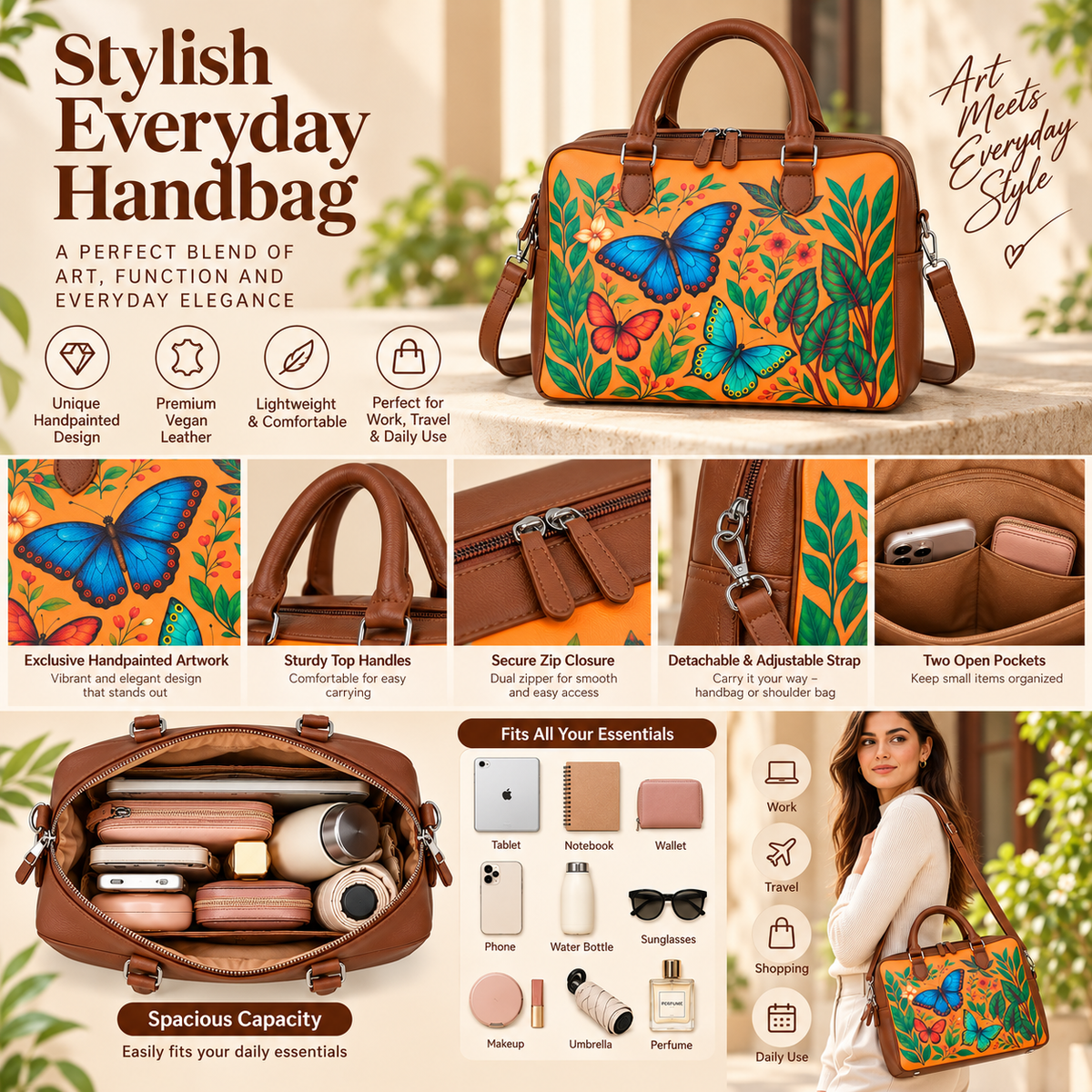 Leather Crossbody Bag for Women with Top Handle – Versatile Printed Vegan Shoulder, Tote & Business Handbag – Work, Travel & Daily Use