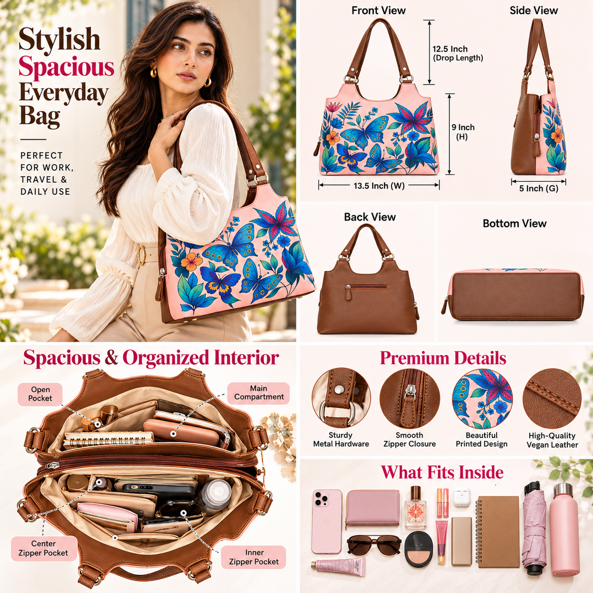 Printed Vegan Leather Shoulder Tote Bag for Women – Stylish Top Handle Handbag Purse– Travel, Office & Daily Use