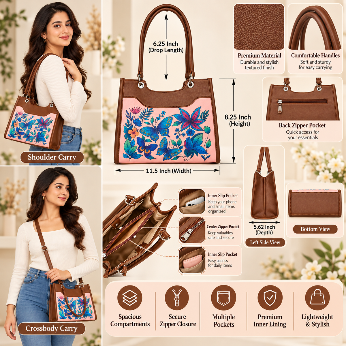 Women’s Printed Vegan Leather Satchel Handbag – Vegan Shoulder & Top Handle Bag – Office, Work, Travel & Daily Use
