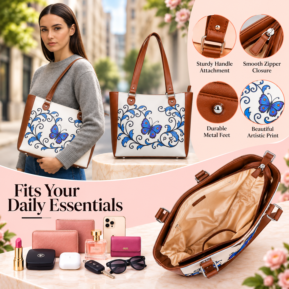 Ladies’ Printed Vegan Leather Shoulder Tote Bag– Handbag, Top Handle Purse for Women – Ideal for Office, Travel & Everyday Use