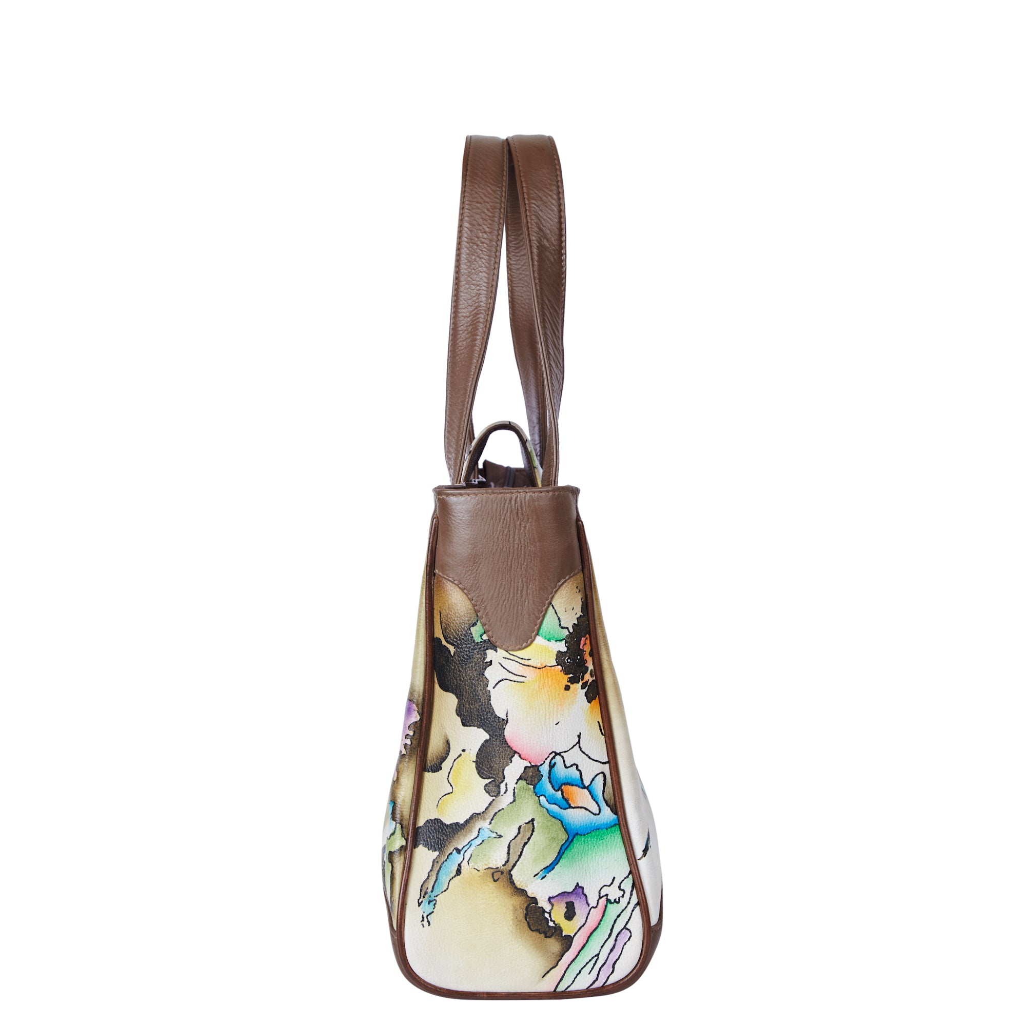 Brown and yellow leather tote bag, hand painted abstract design