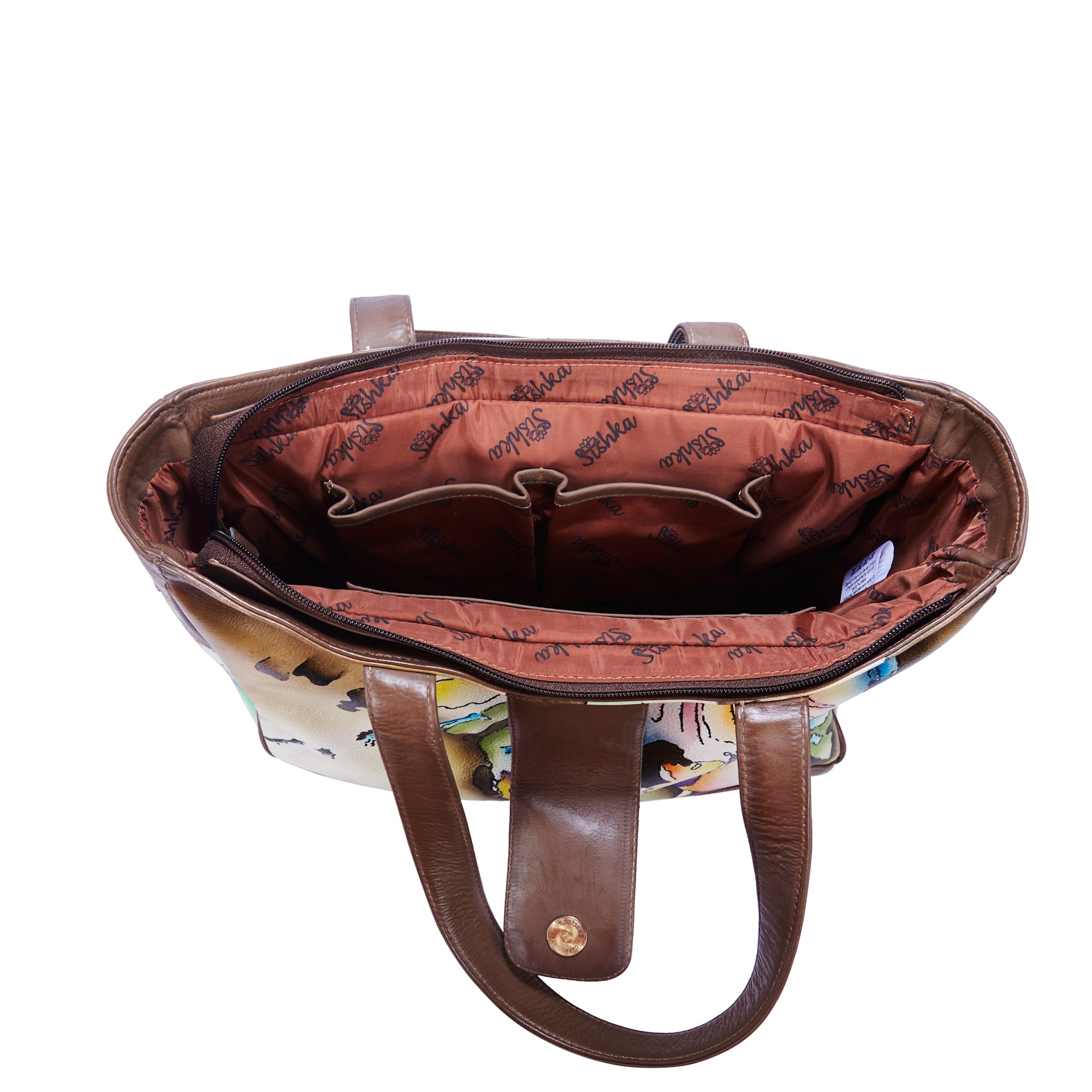 Brown and yellow leather tote bag, hand painted abstract design