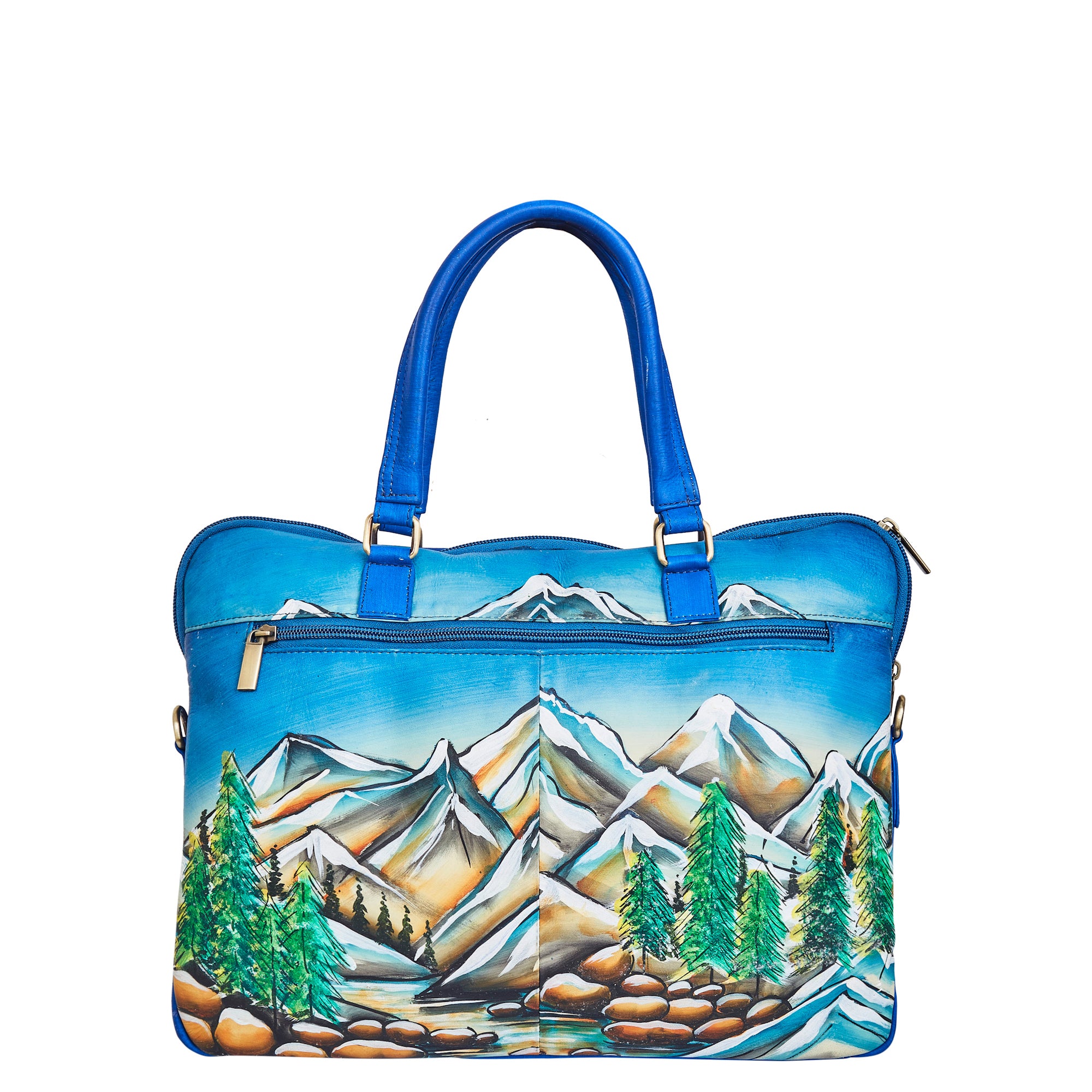 Mountain Art Hand-Painted Leather Business Satchel Bag