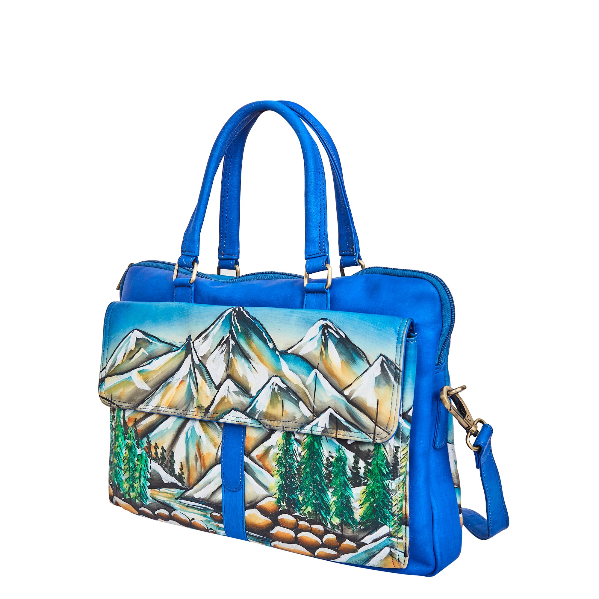 Mountain Art Hand-Painted Leather Business Satchel Bag