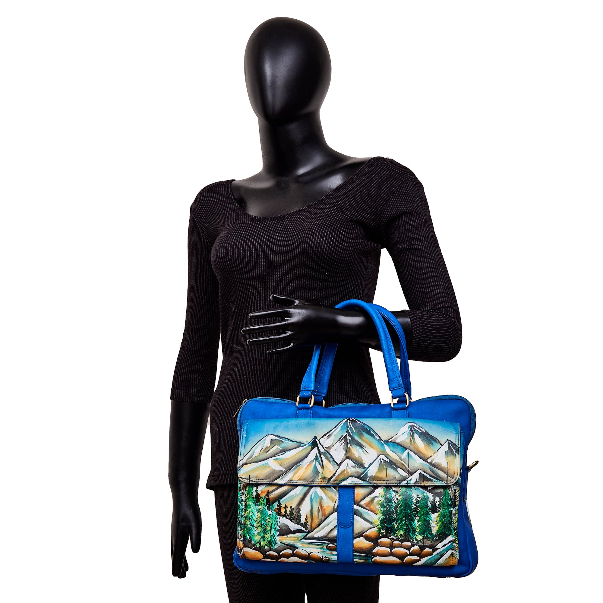 Mountain Art Hand-Painted Leather Business Satchel Bag