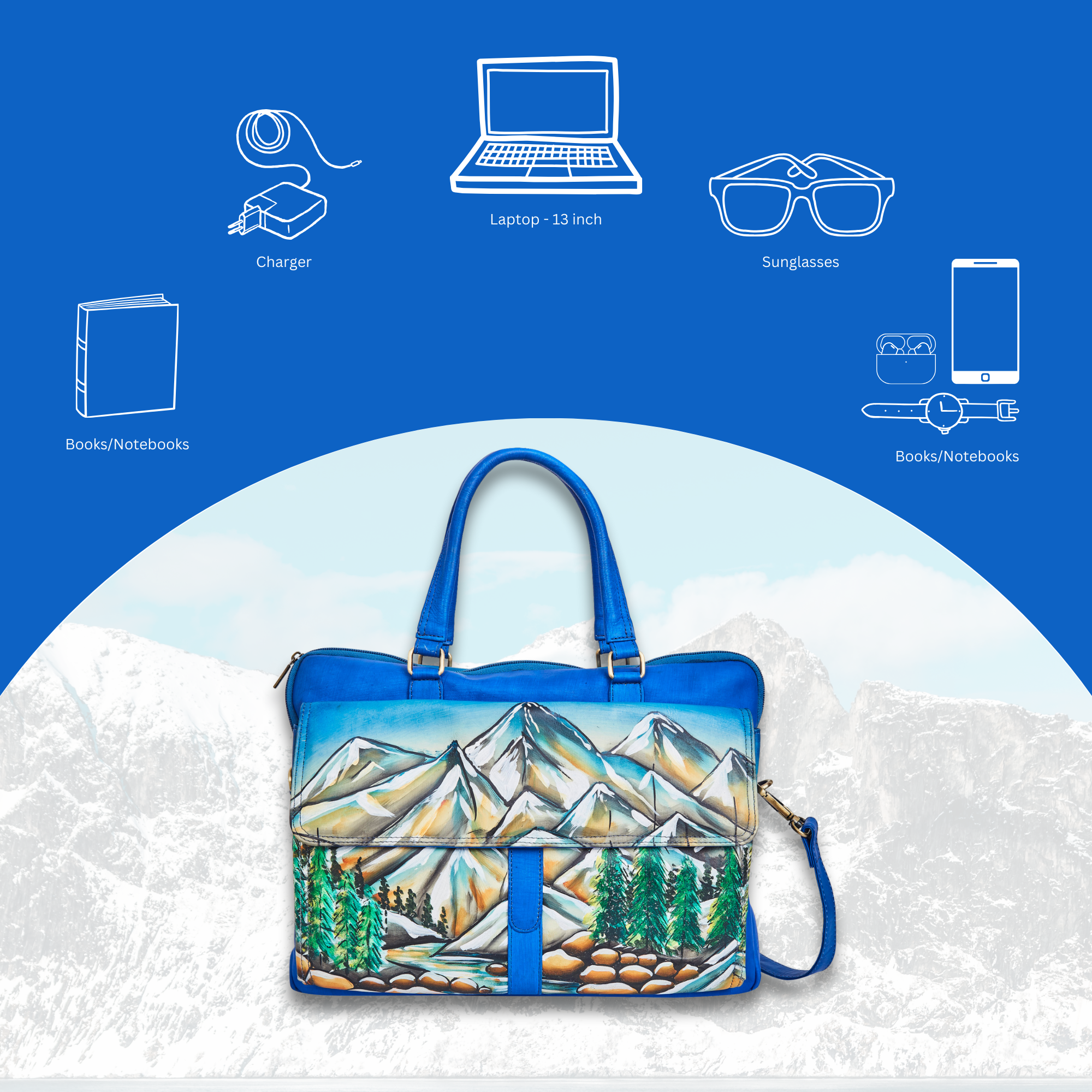 Mountain Art Hand-Painted Leather Business Satchel Bag