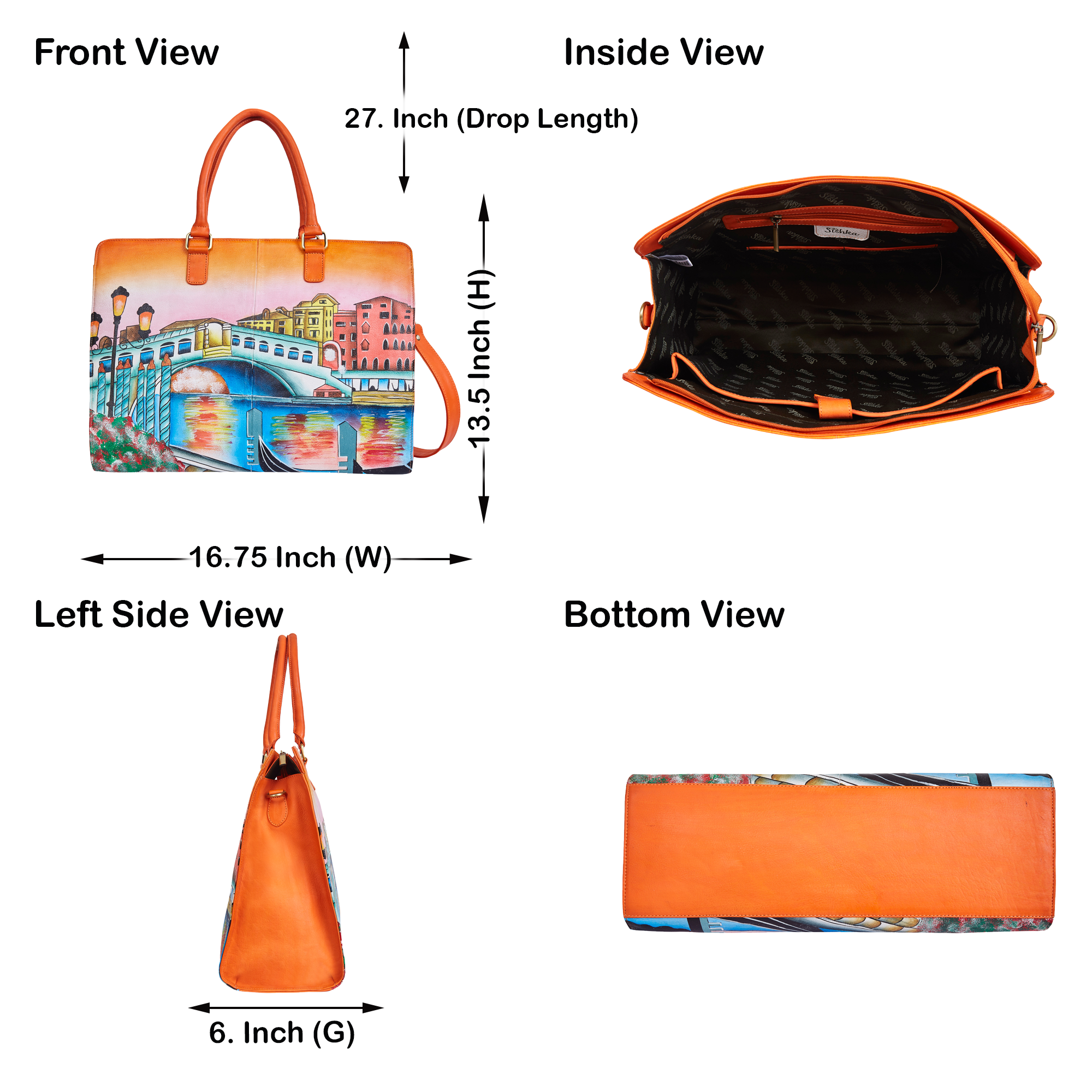 Hand-Painted Leather Satchel Business Bag – Venice Cityscape Artwork