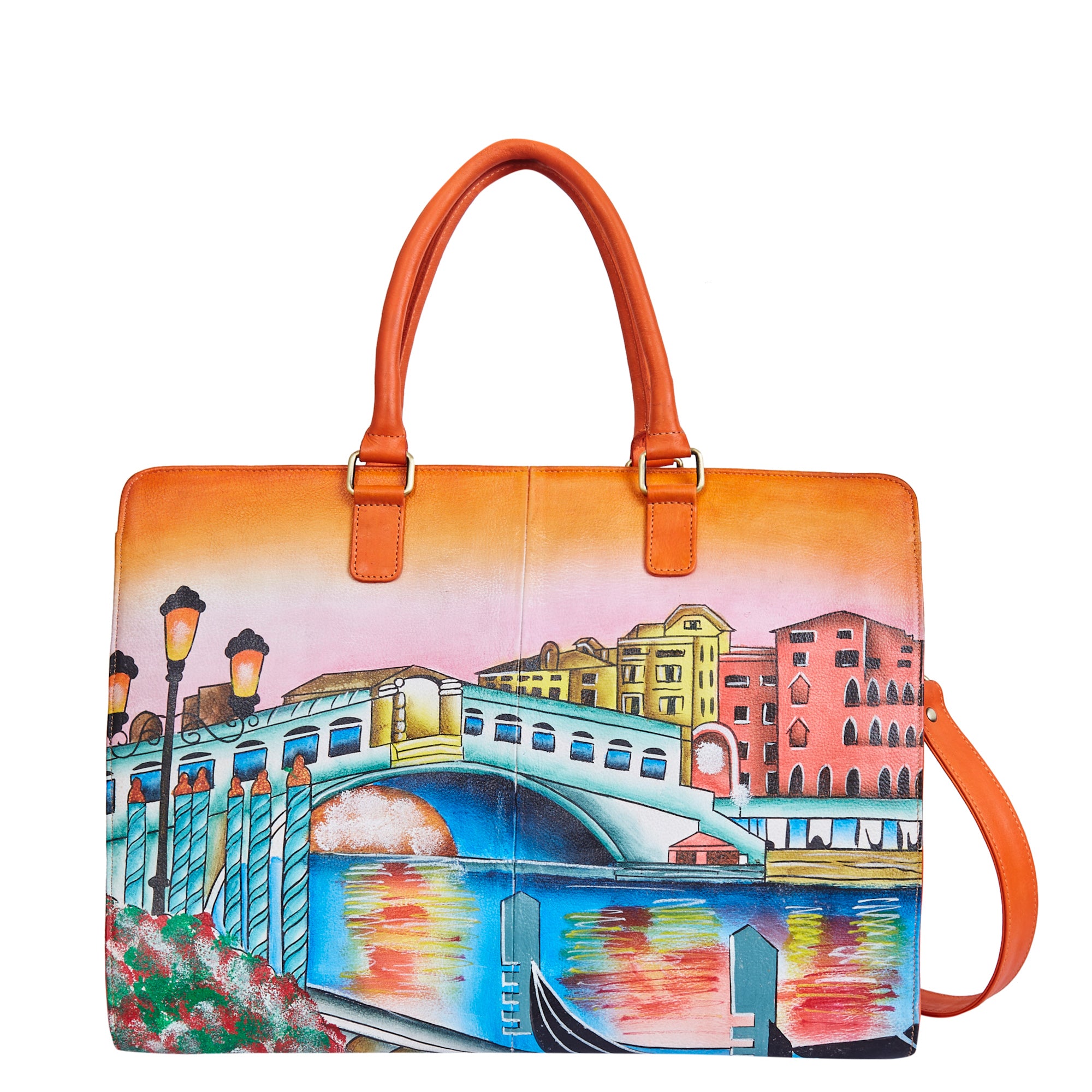 Hand-Painted Leather Satchel Business Bag – Venice Cityscape Artwork