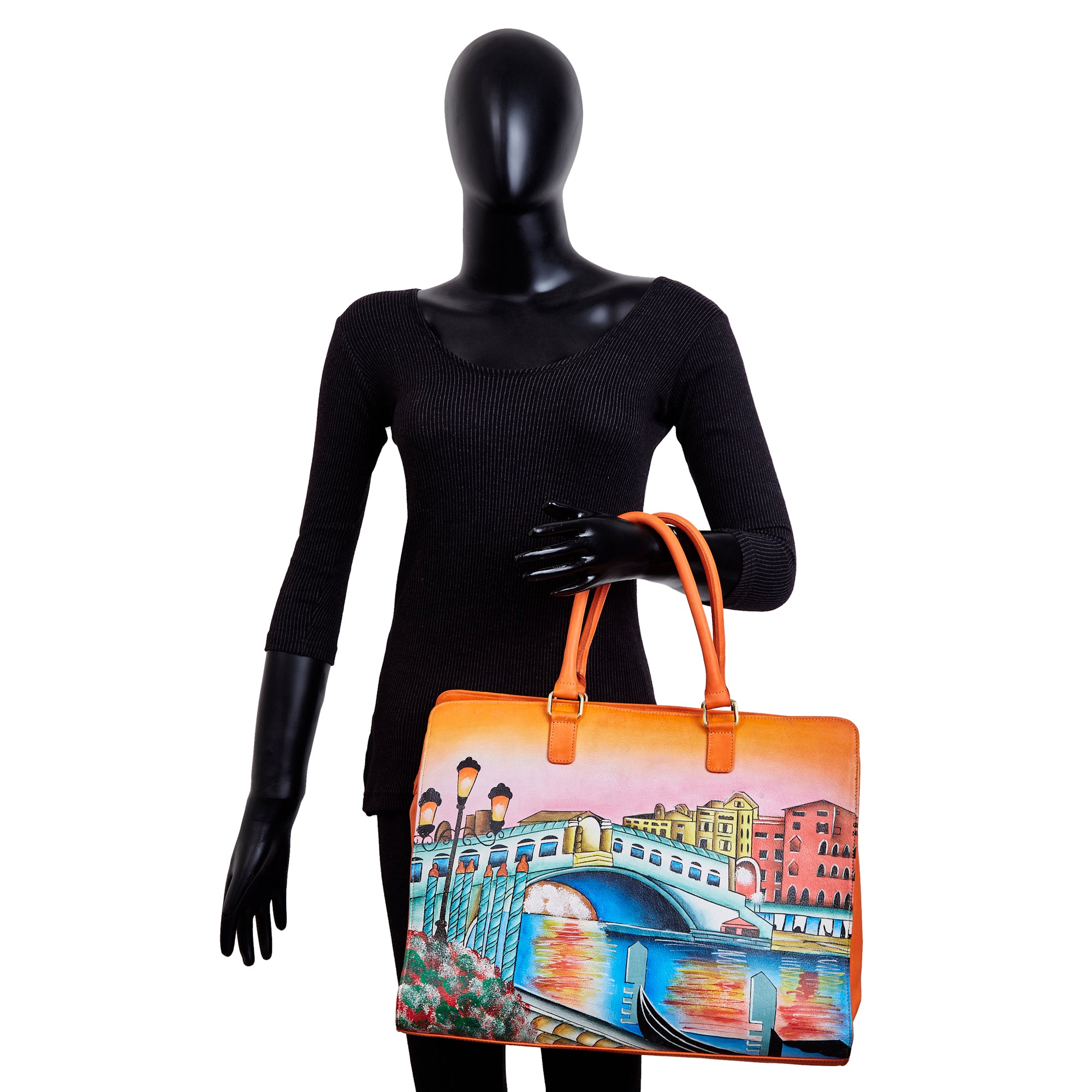 Hand-Painted Leather Satchel Business Bag – Venice Cityscape Artwork