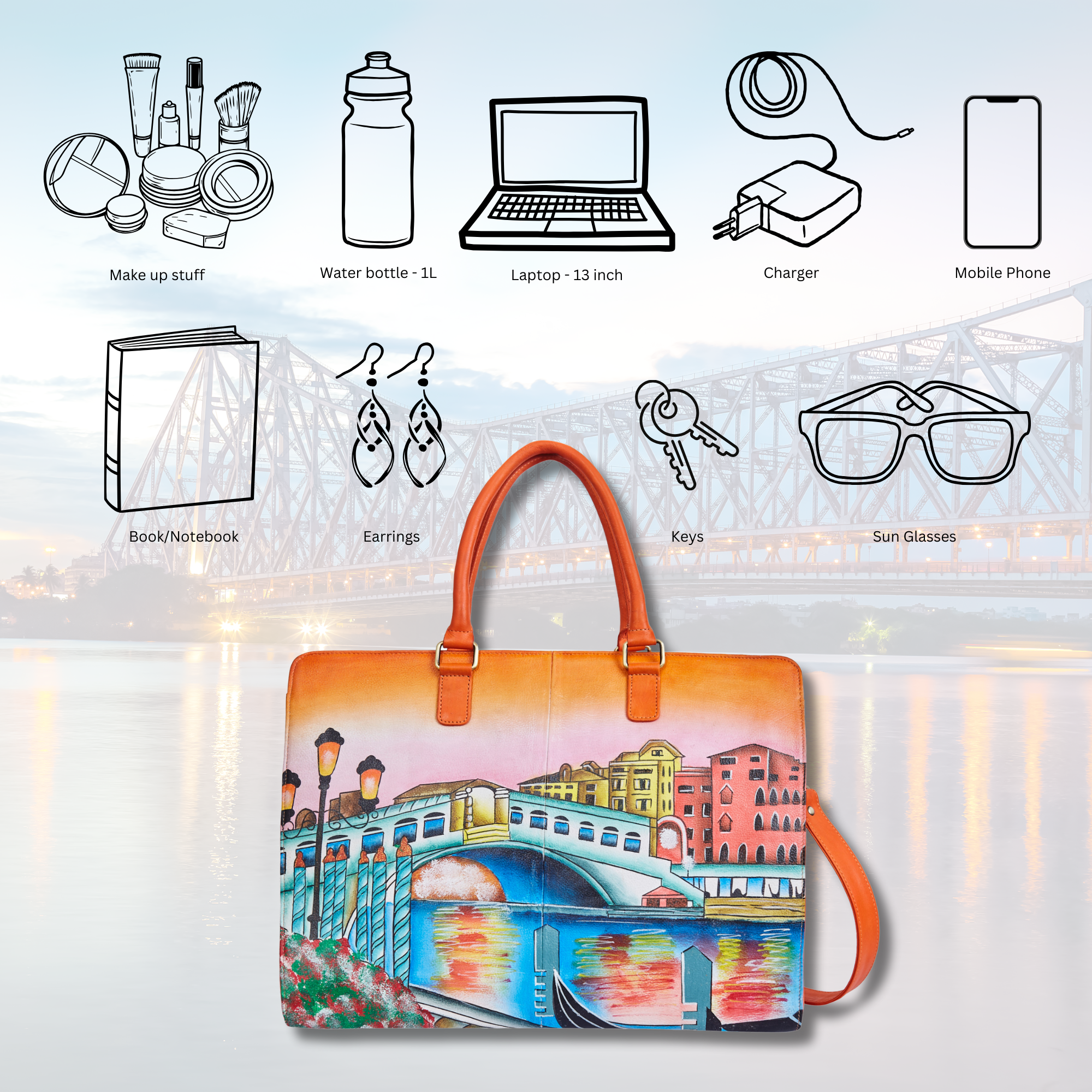 Hand-Painted Leather Satchel Business Bag – Venice Cityscape Artwork