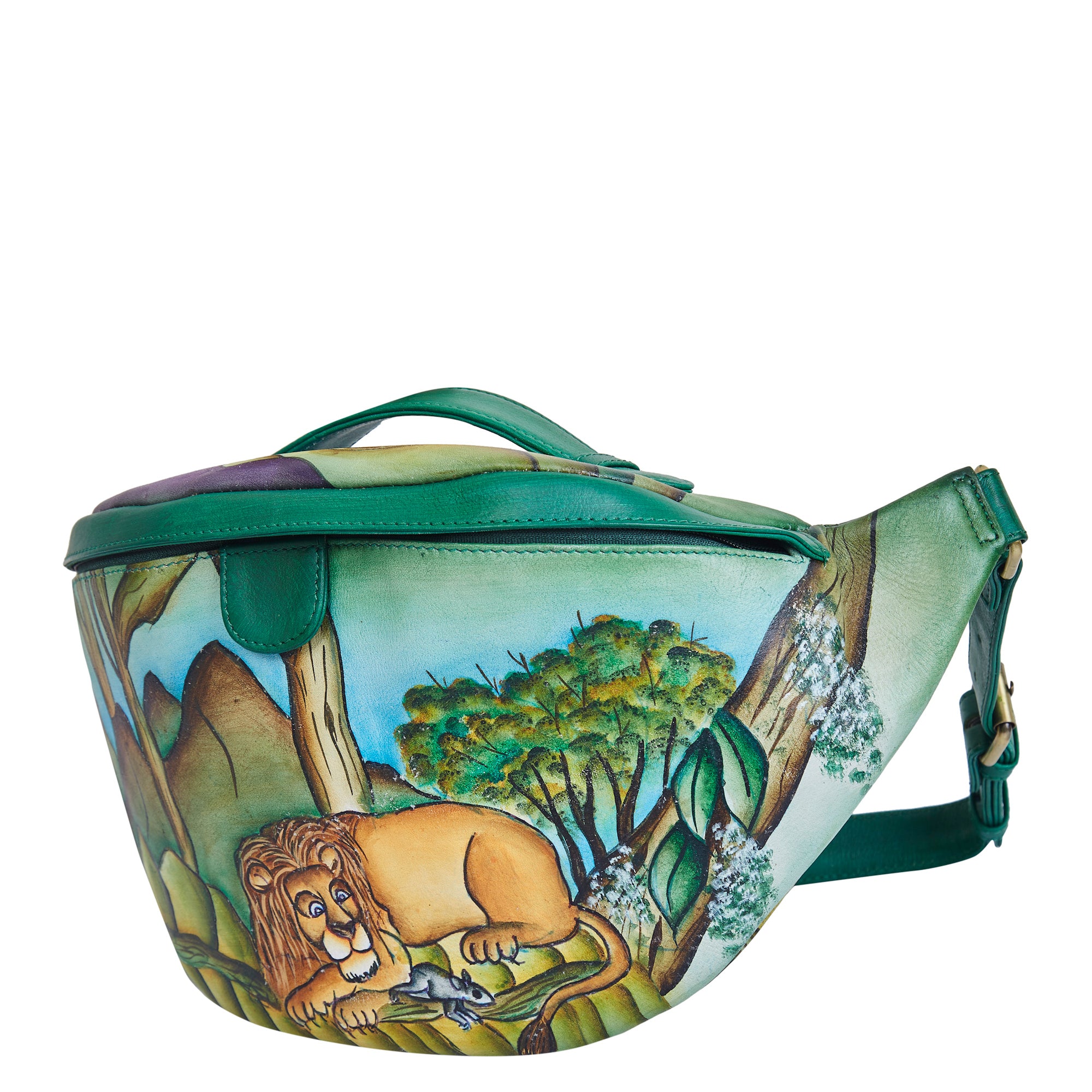 Hand-Painted Lion Leather Fanny Pack – Adjustable Crossbody Waist Bag