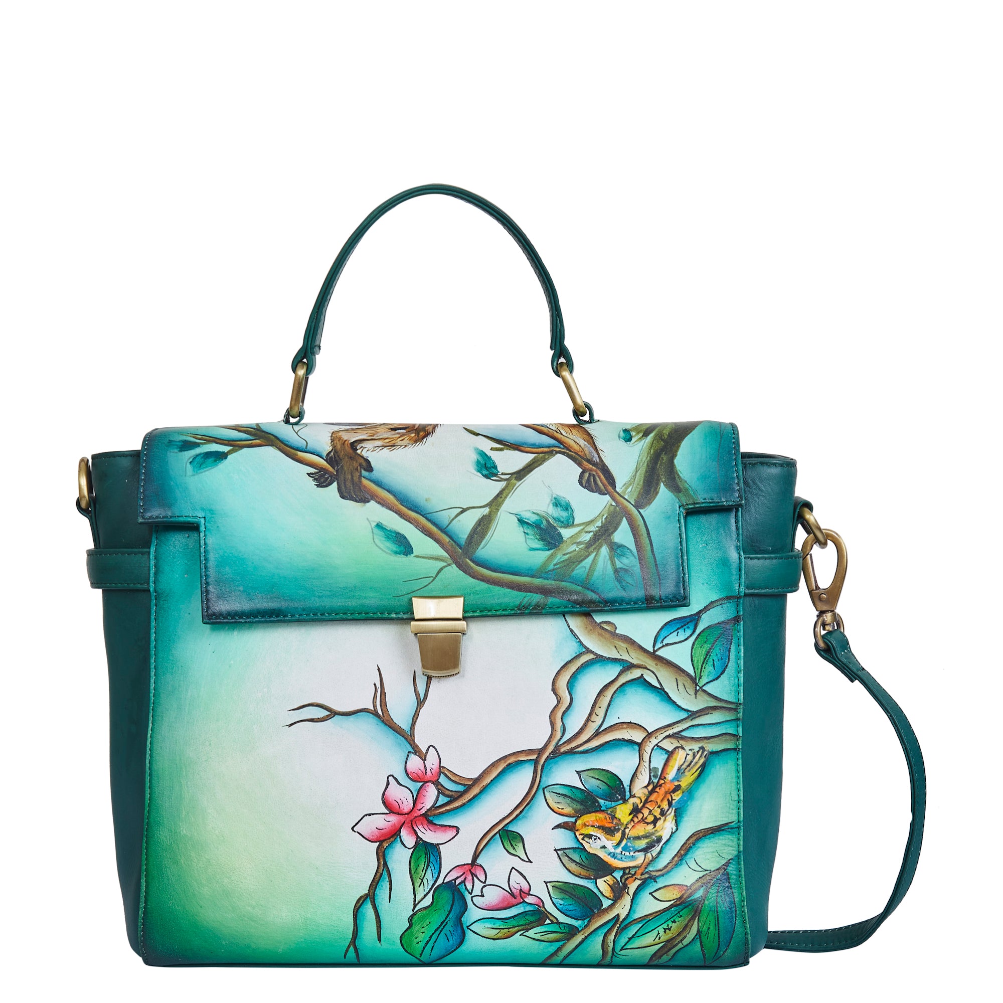 Bird & Floral Hand-Painted Green Leather Satchel Bag