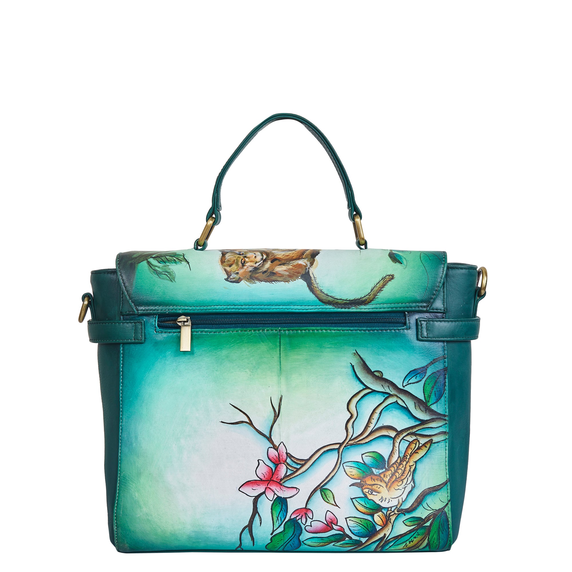 Bird & Floral Hand-Painted Green Leather Satchel Bag