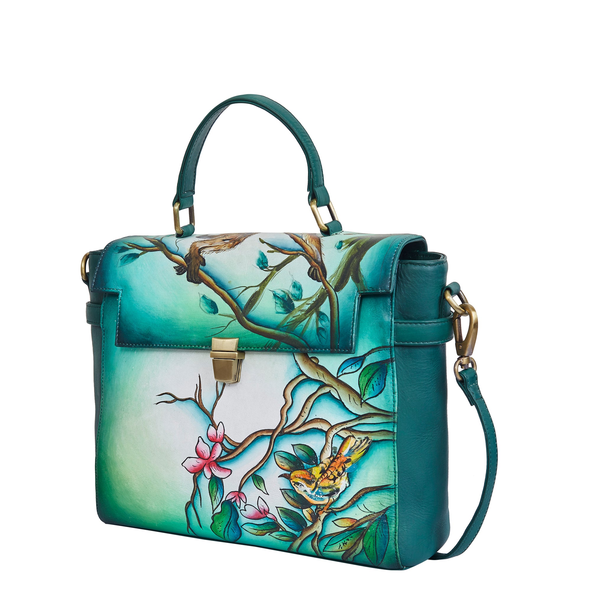 Bird & Floral Hand-Painted Green Leather Satchel Bag