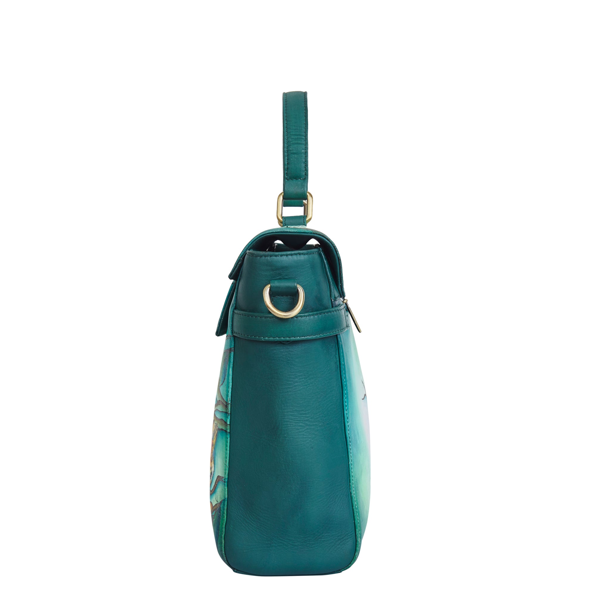 Bird & Floral Hand-Painted Green Leather Satchel Bag