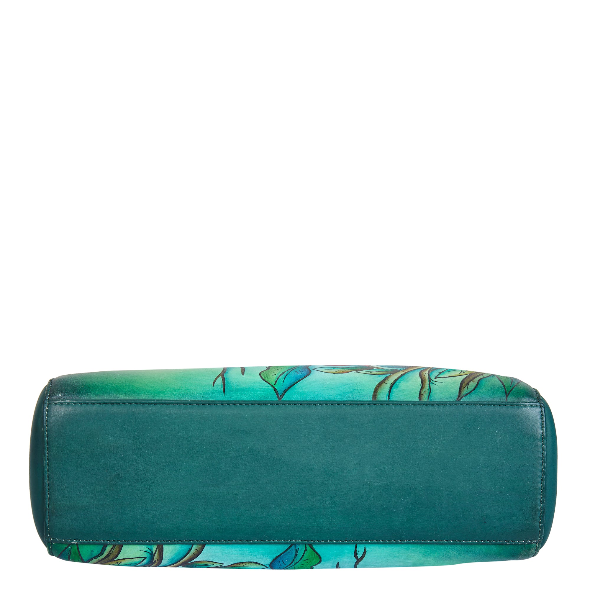 Bird & Floral Hand-Painted Green Leather Satchel Bag