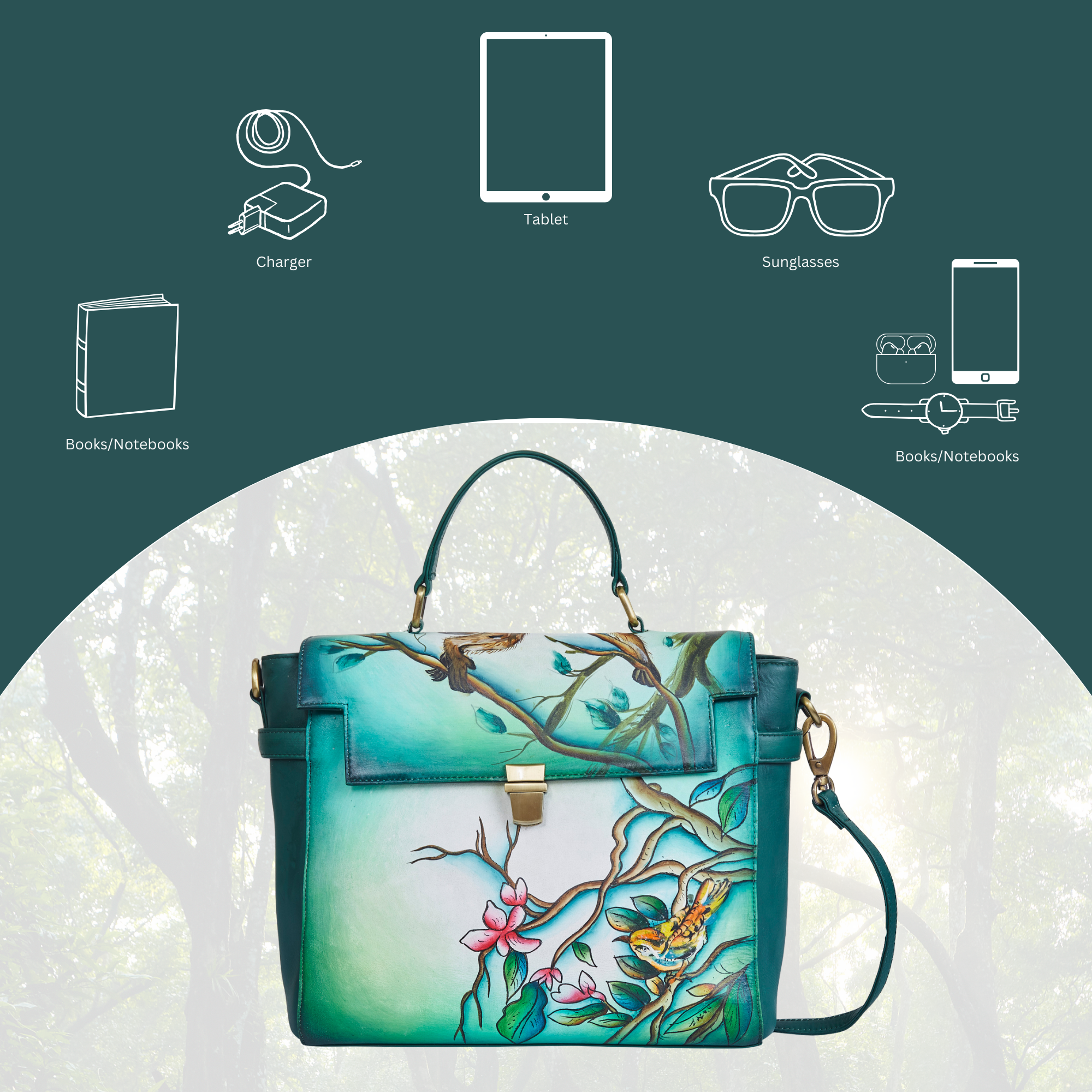 Bird & Floral Hand-Painted Green Leather Satchel Bag