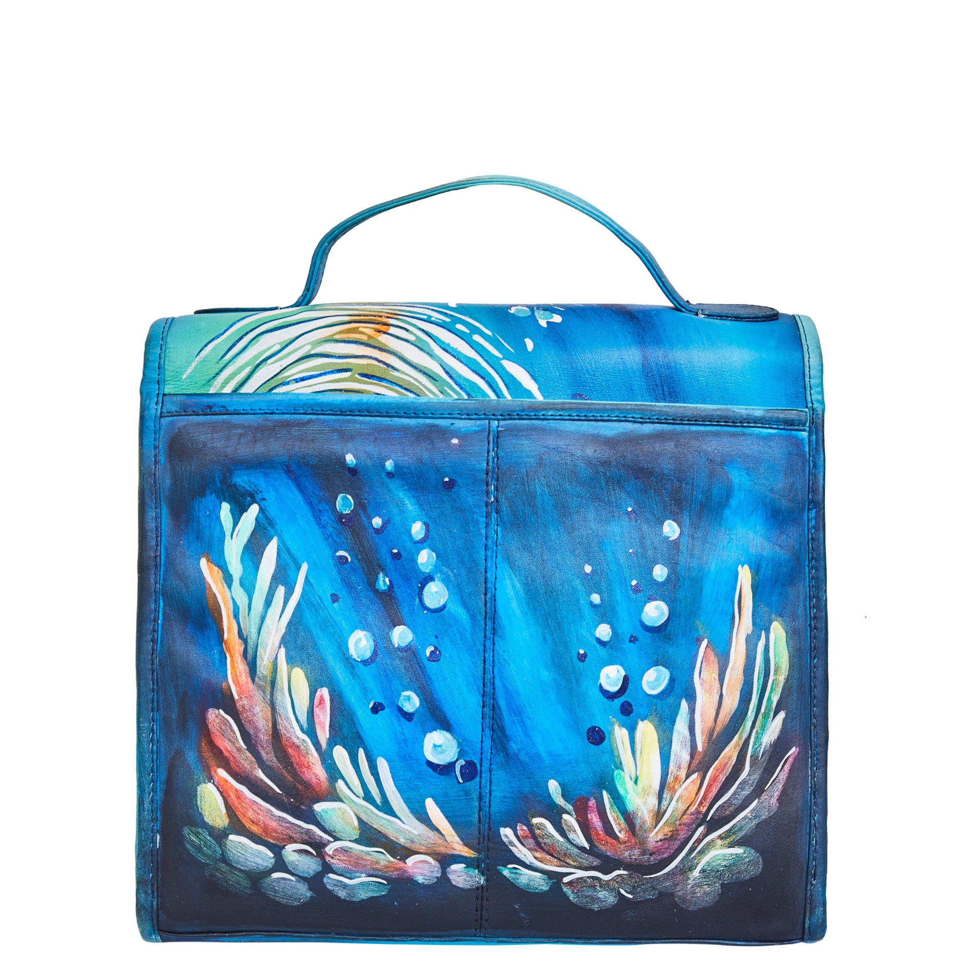 Turtle Art Hand-Painted Blue Leather Satchel Shoulder Bag