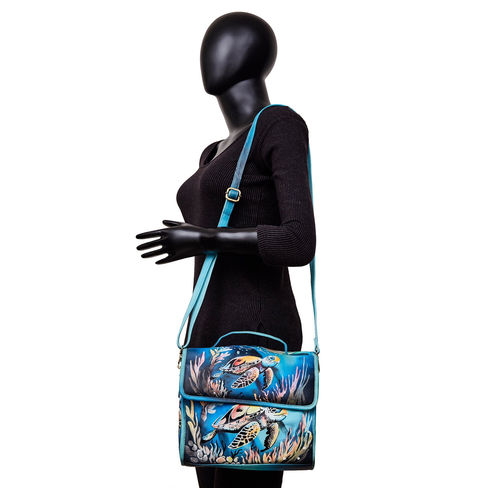 Turtle Art Hand-Painted Blue Leather Satchel Shoulder Bag