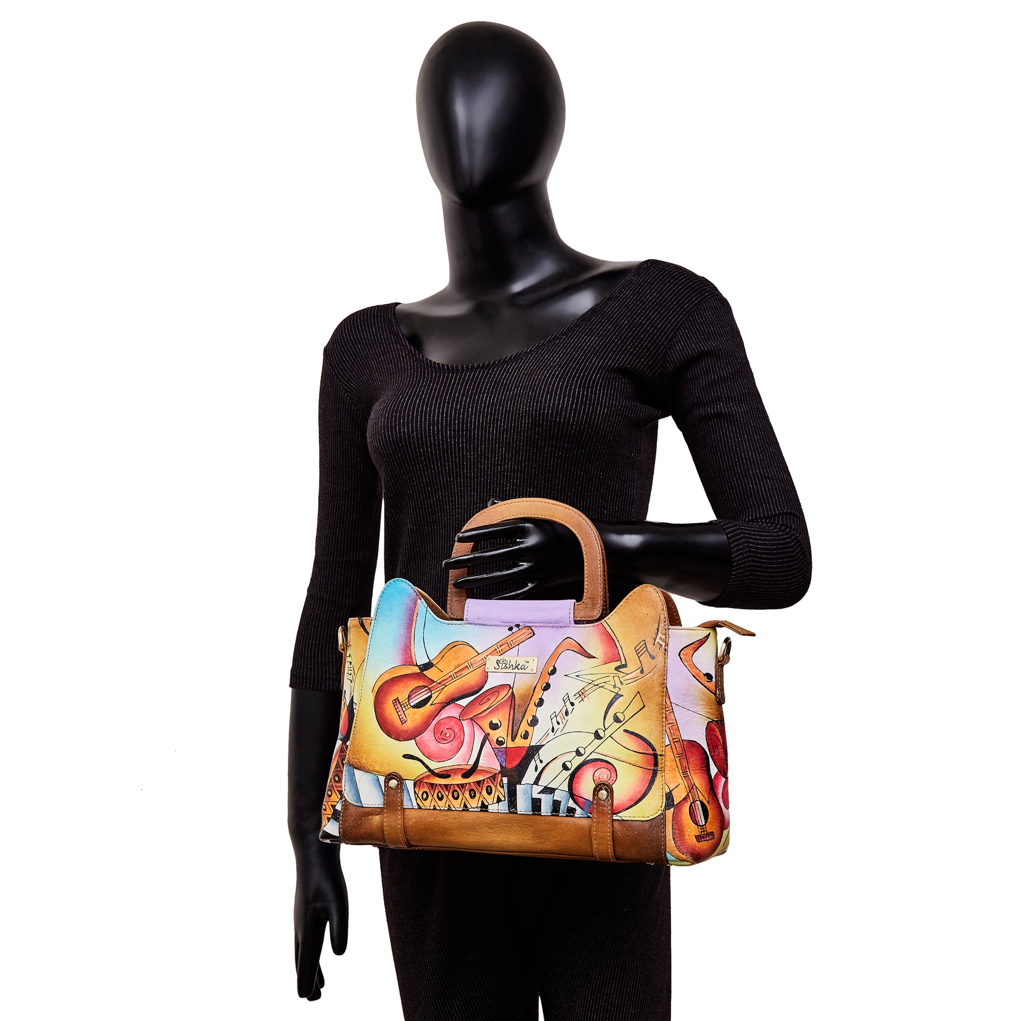 Hand-Painted Women's Leather Satchel – Brown Shoulder Purse with Music Art