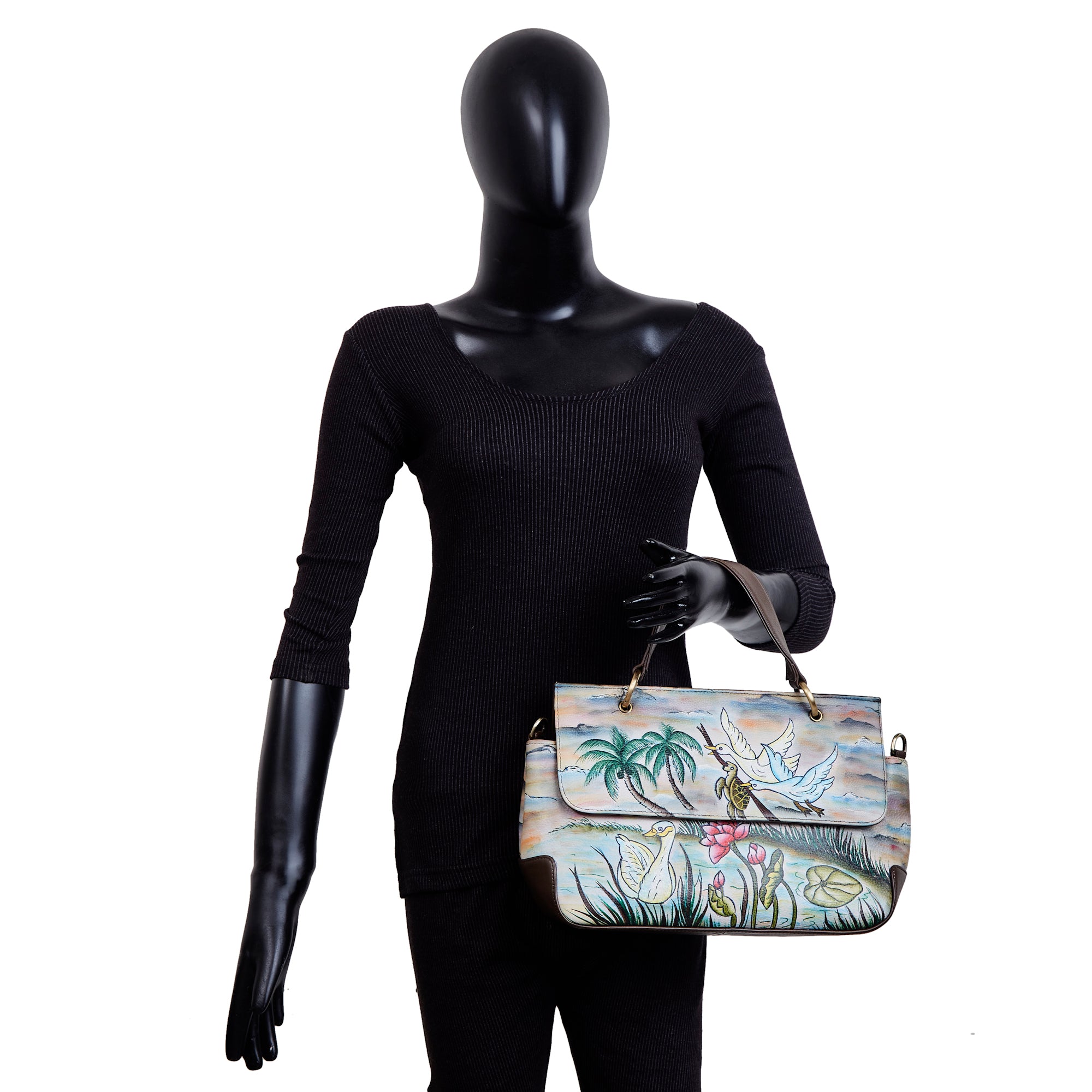 Swan & Turtle Art Hand-Painted Leather Satchel Bag
